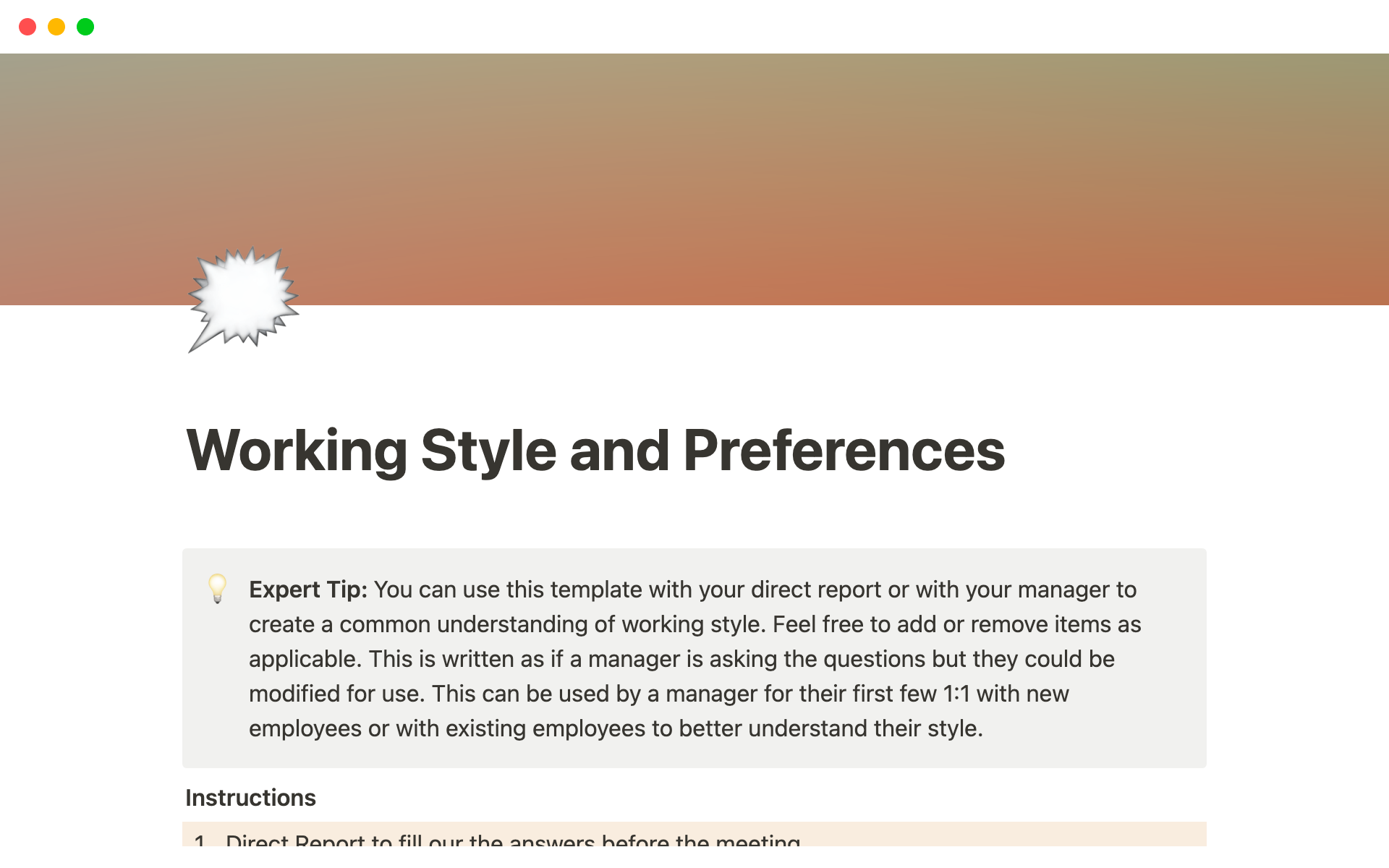 A template preview for Manager First 1:1 (Working Style)