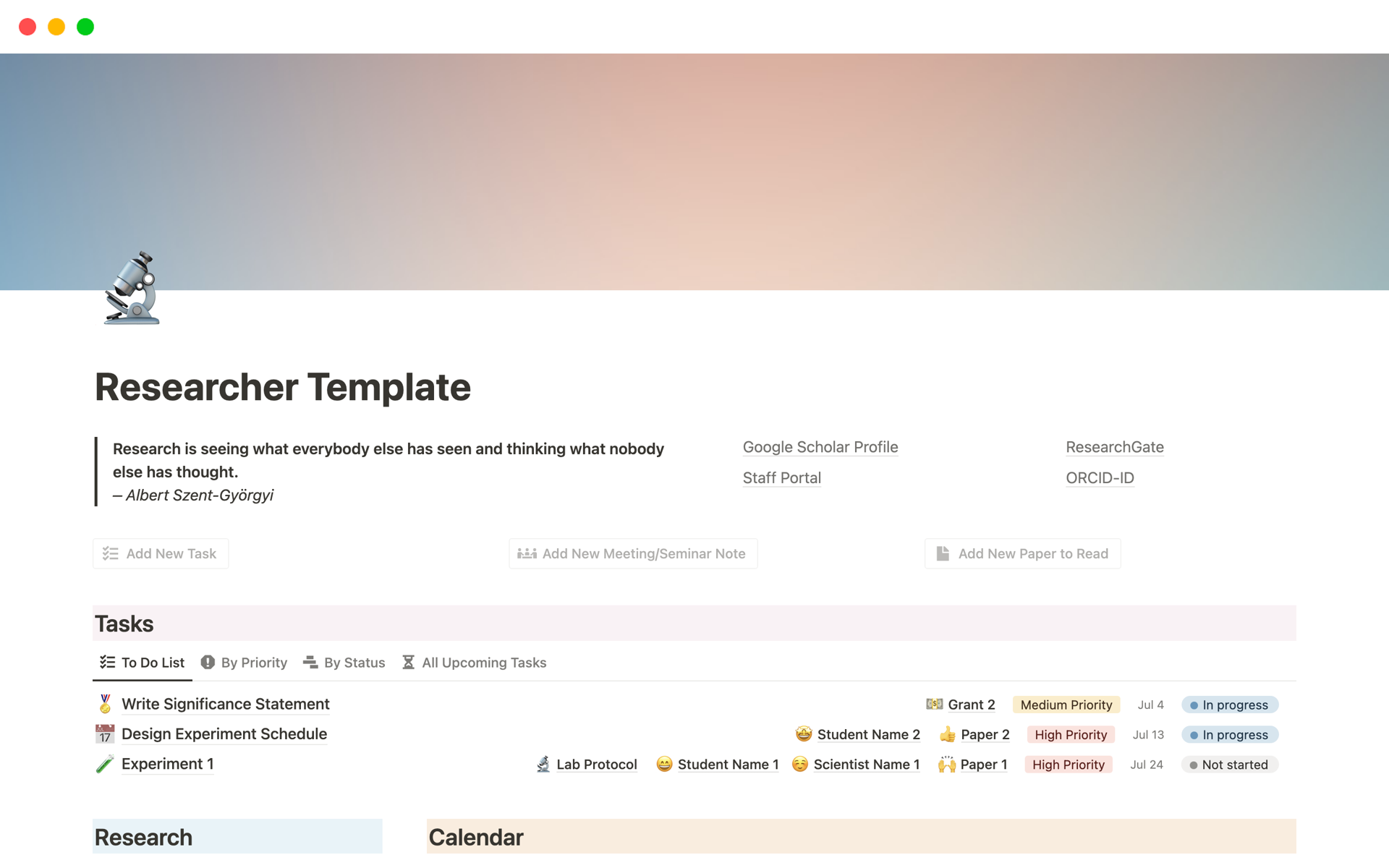 A template preview for Researcher Organisation Hub