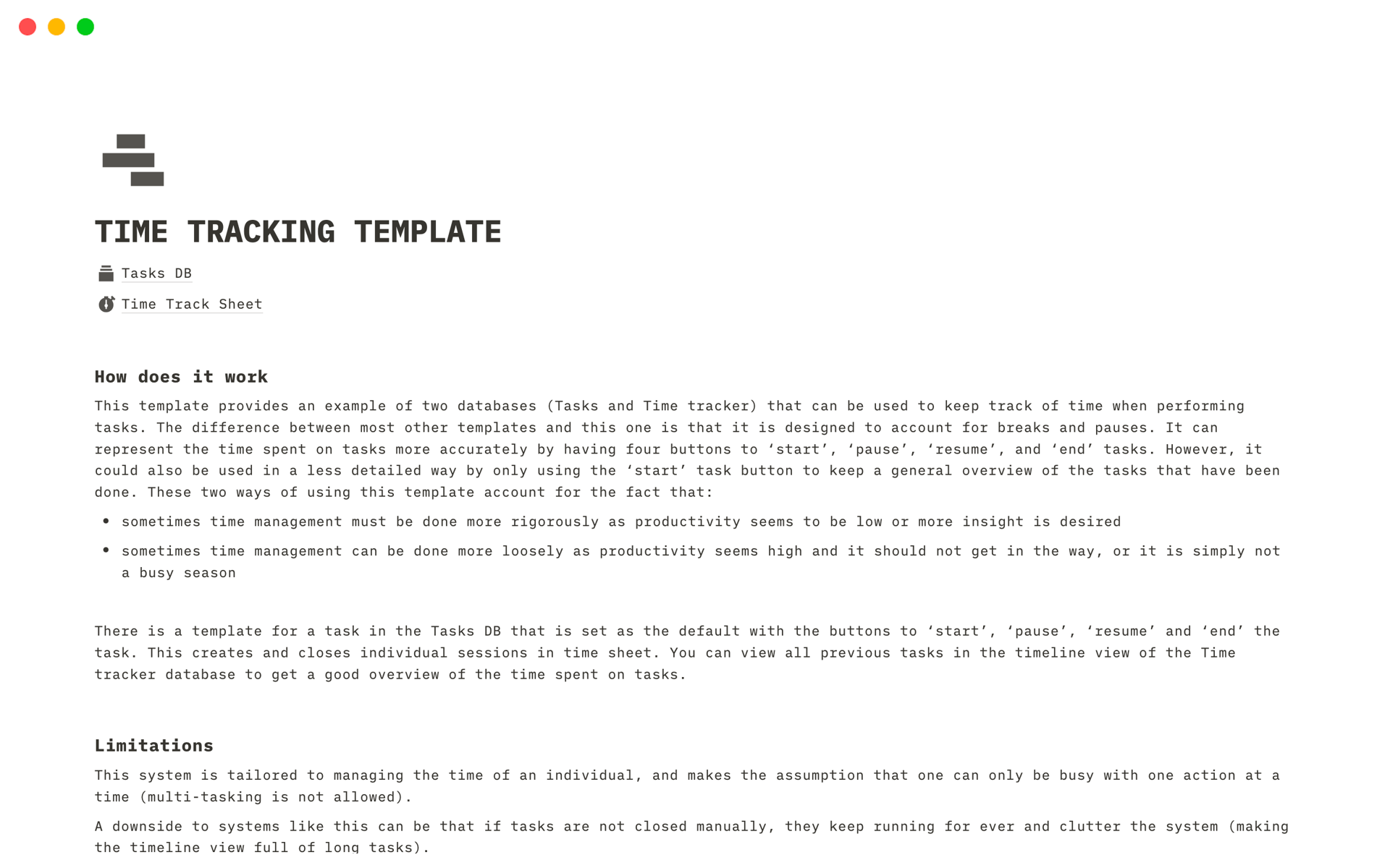 Time Tracking based on sessions | Notion Template