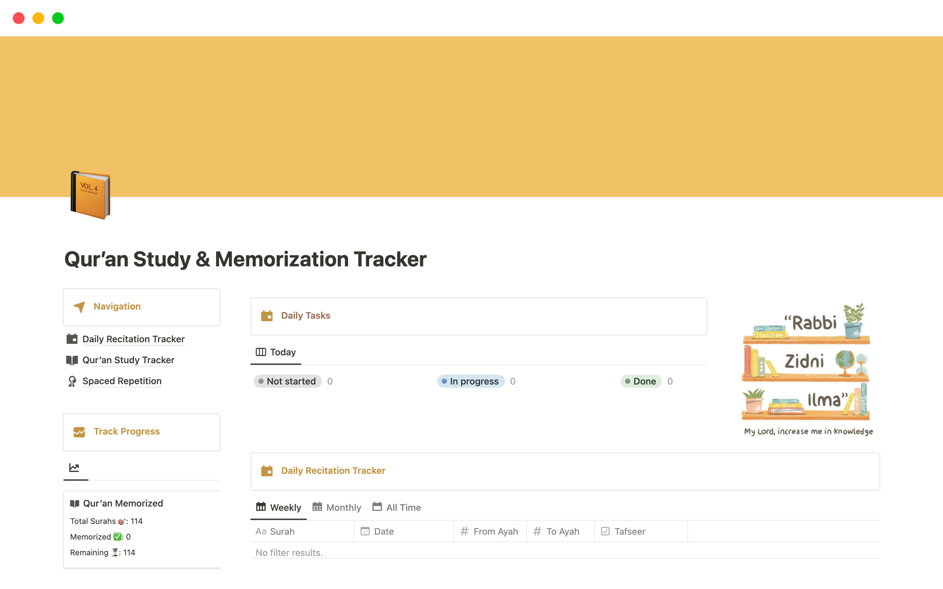 Enhance your Quran memorization journey with the Quran Study & Memorization Tracker template.