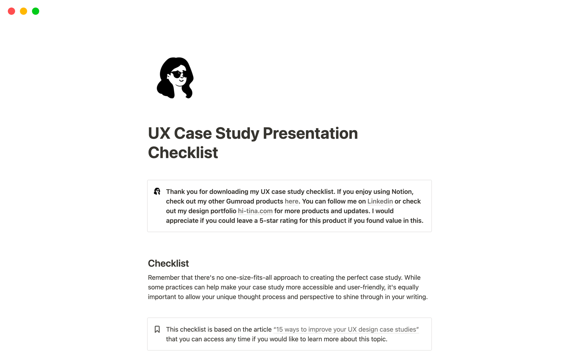 A template preview for UX Case Study Presentation Checklist