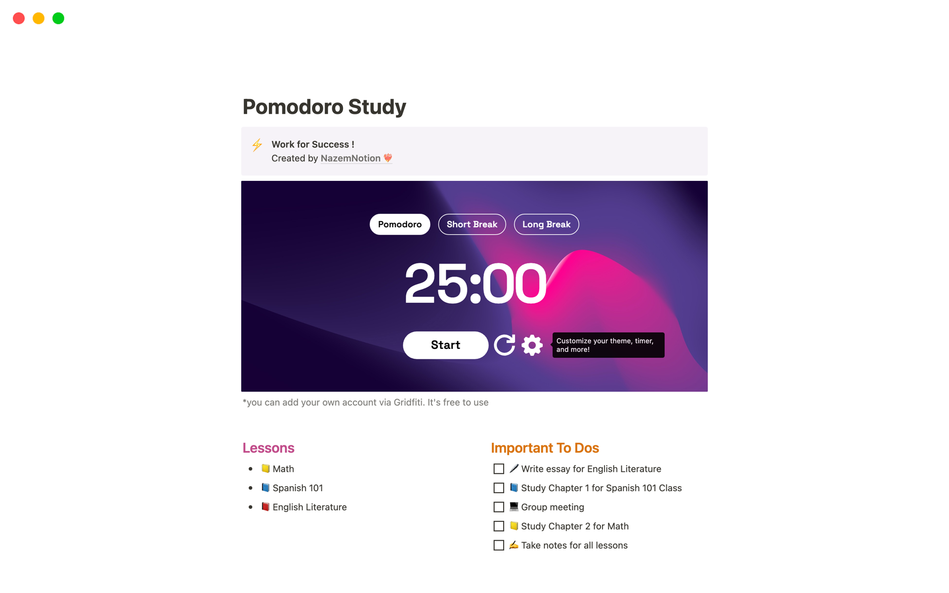 A template preview for Pomodoro Study