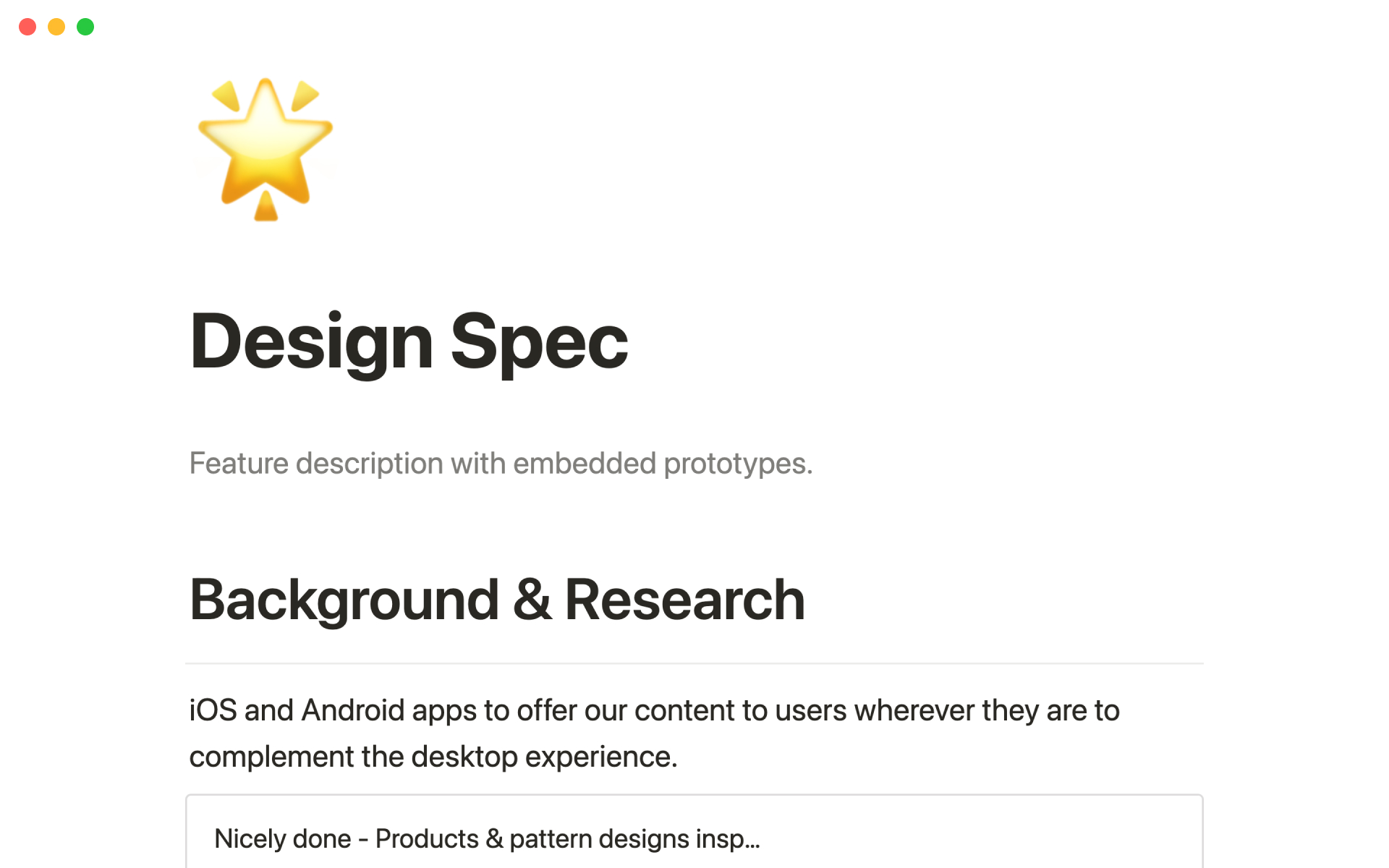 A template preview for Design spec