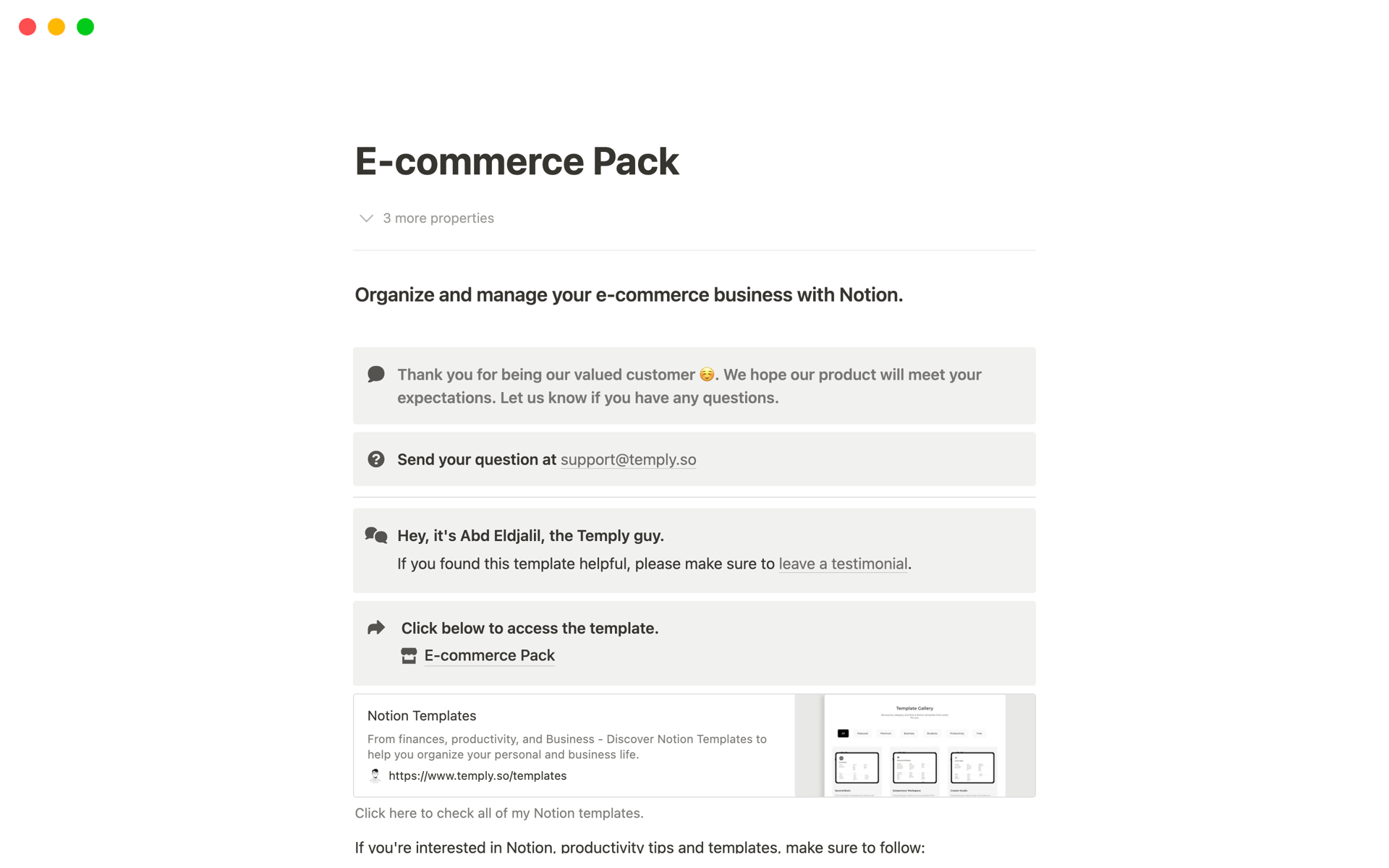 A template preview for E-commerce Pack