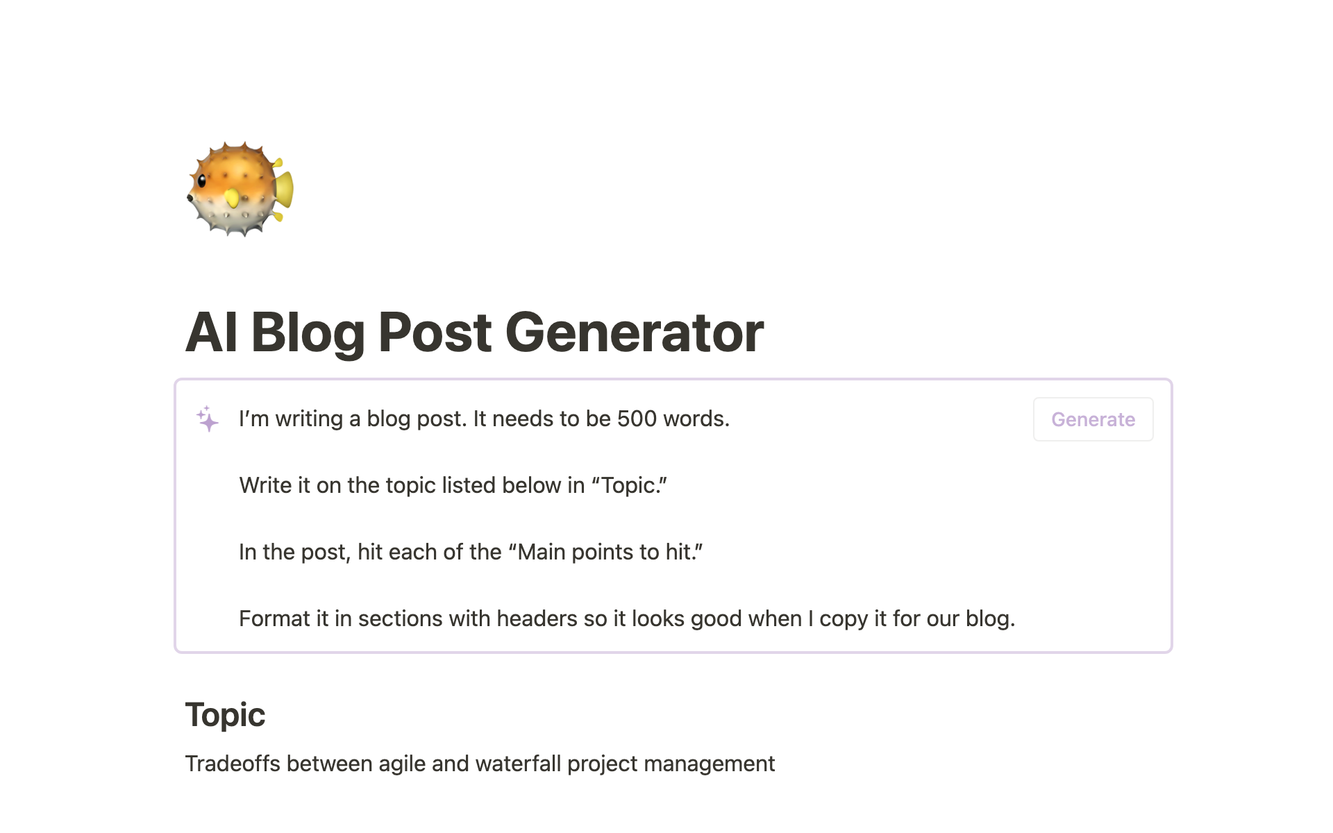 A template preview for AI Blog Post Generator
