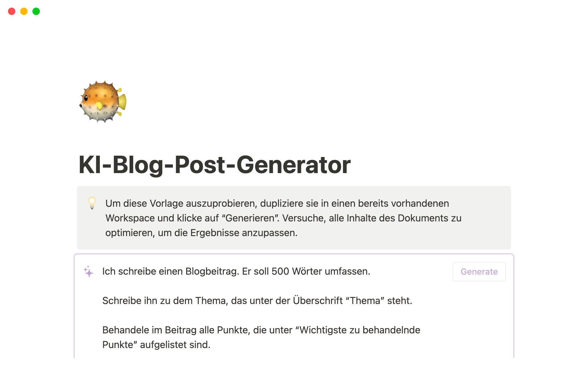 Eine Vorlagenvorschau für KI-Blog-Post-Generator