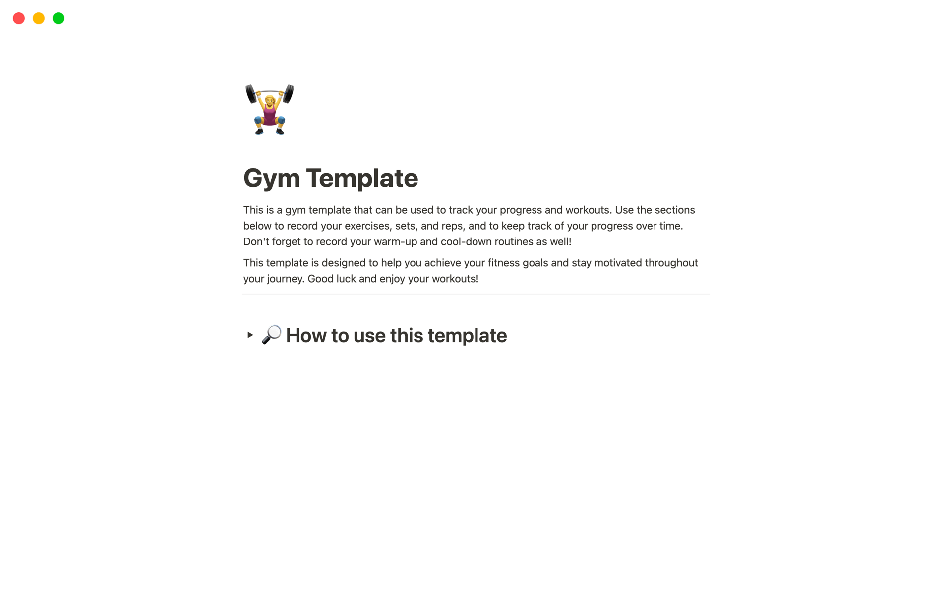 A template preview for Gym Planner