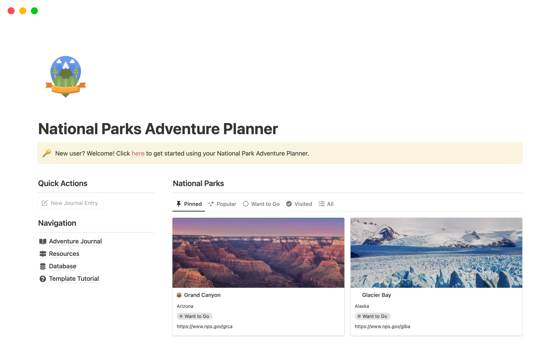 Uma prévia do modelo para National Parks Adventure Planner
