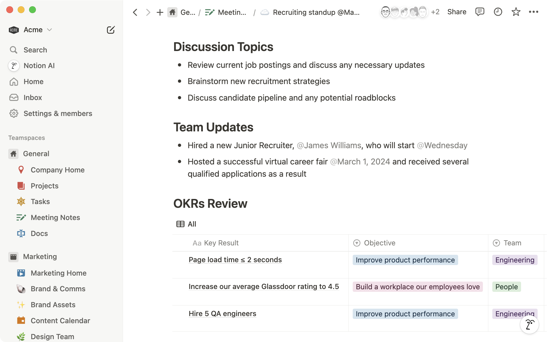 Include your OKRs in every important meeting or 1:1. In Notion, use a database view (above) or synced blocks to make sure information stays relevant and fresh.