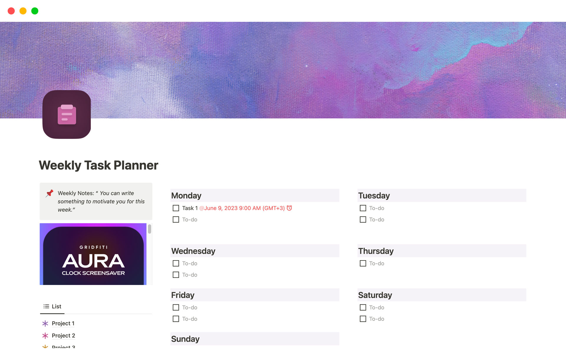 A template preview for Weekly Task Planner