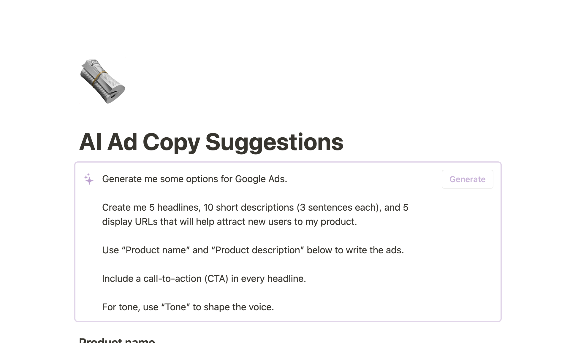 A template preview for AI Ad Copy Suggestions