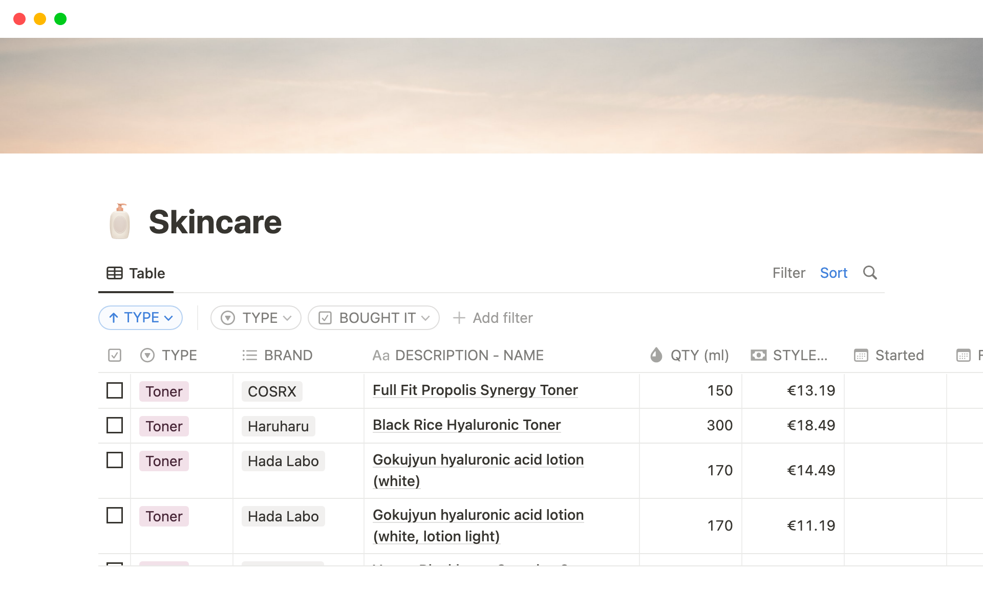 Skincare product tracker Notion Template