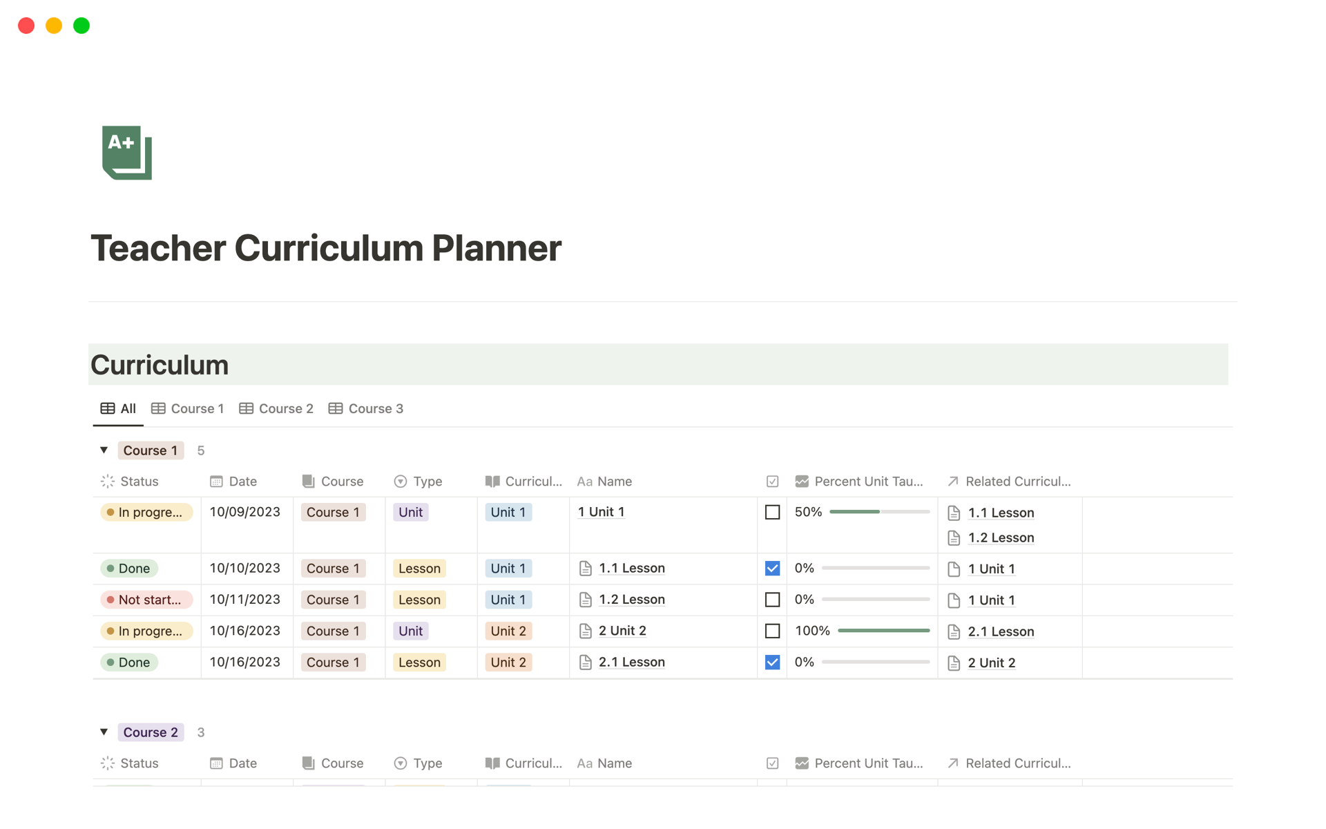 A template preview for Teacher Curriculum Planner