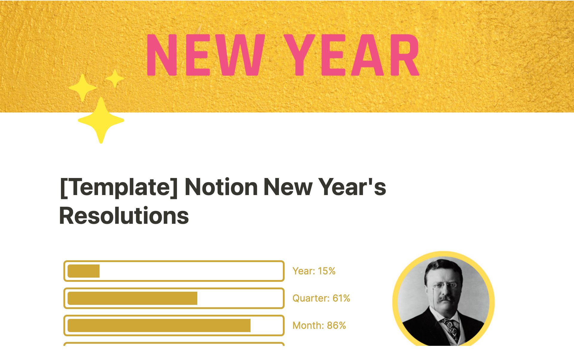 A template preview for Notion New Year Resolutions