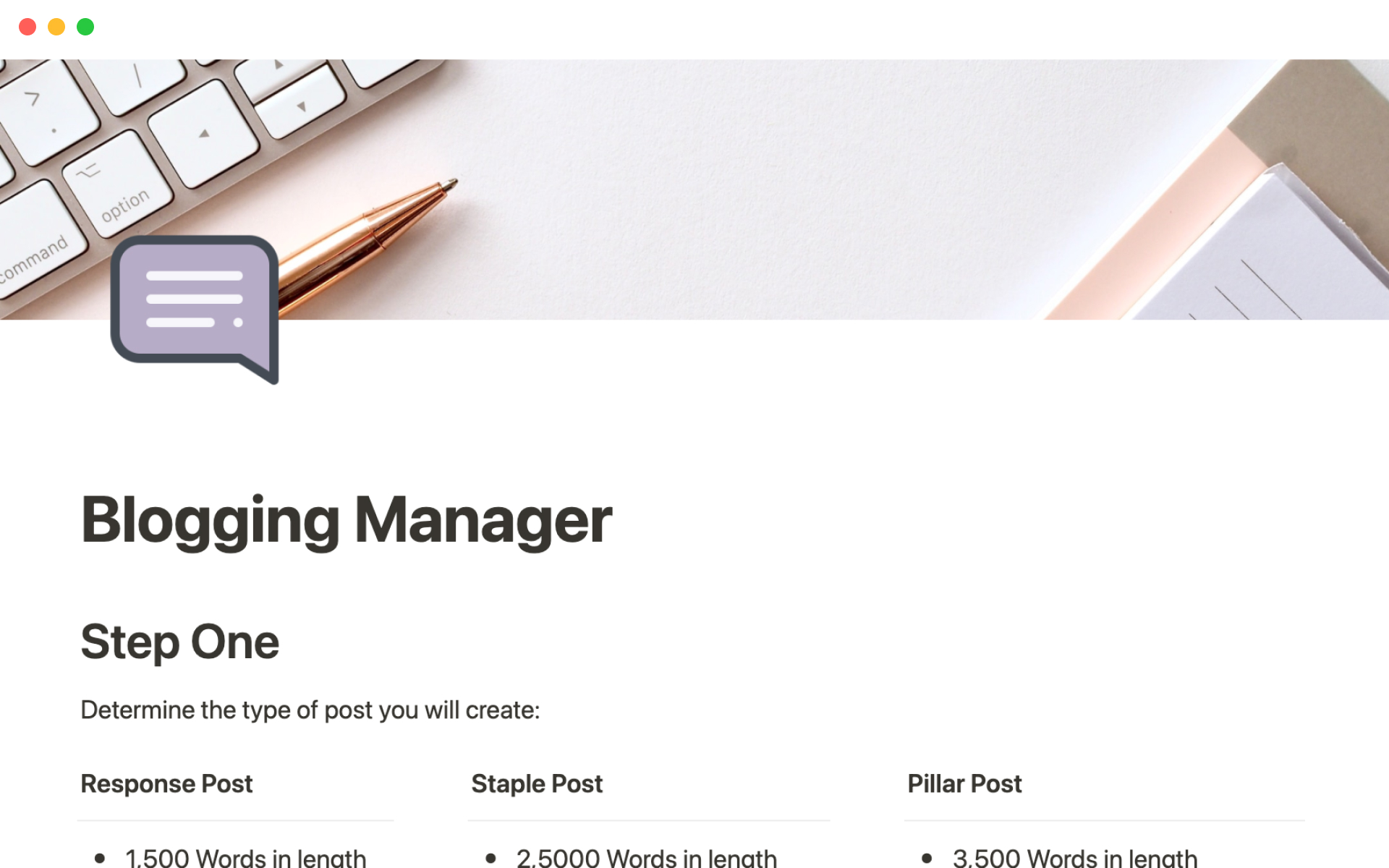 A template preview for Blogging manager