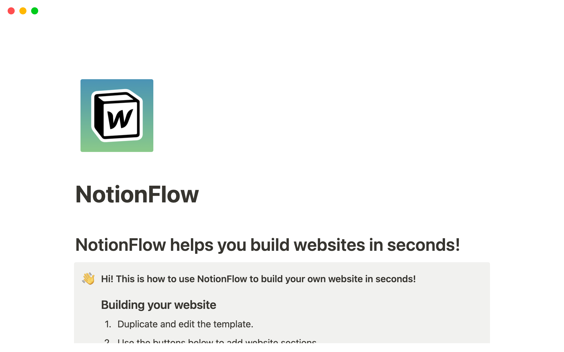 A template preview for NotionFlow: Build Any Website with just Notion