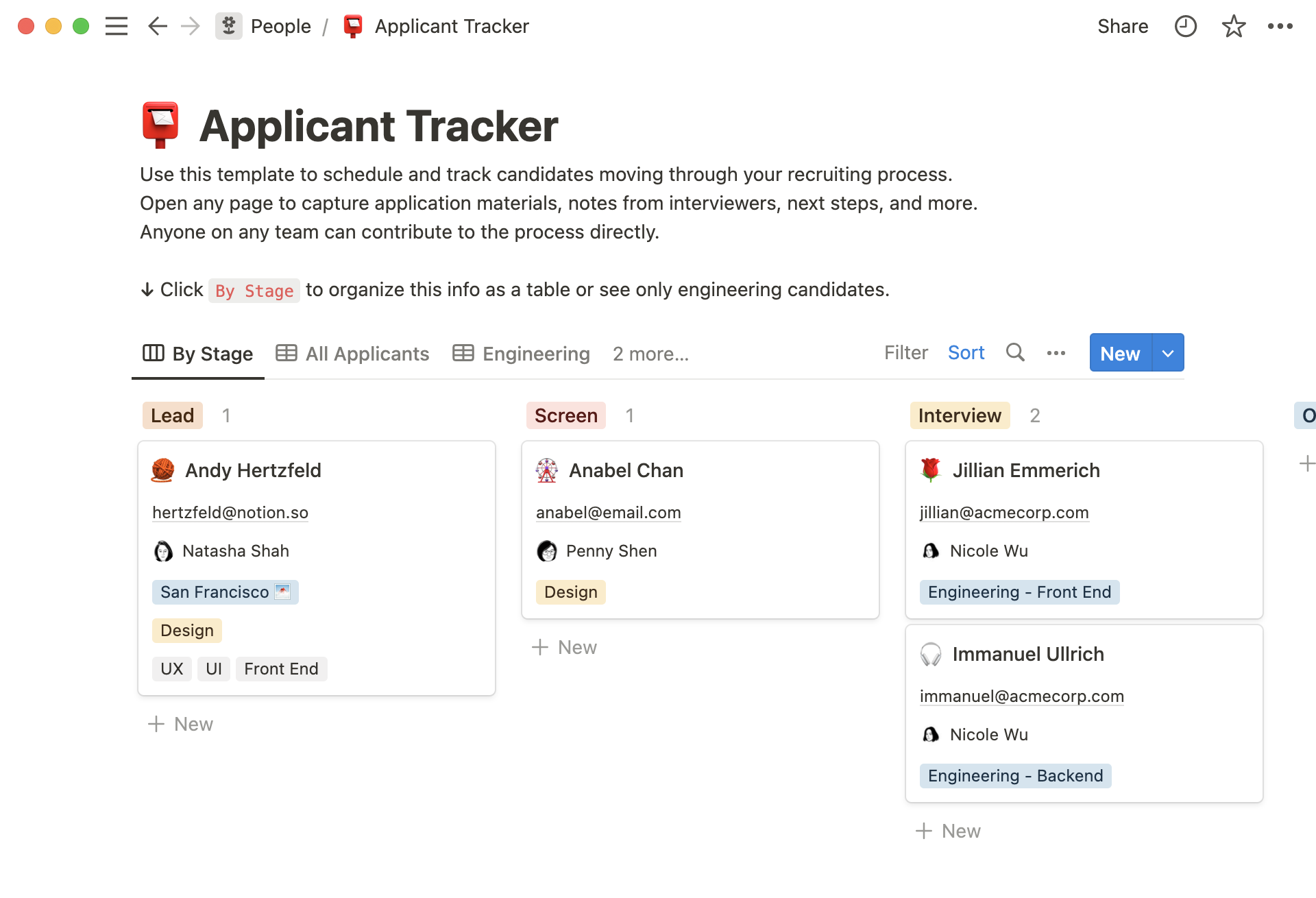 Create an applicant tracker like this to manage candidates for your open roles.