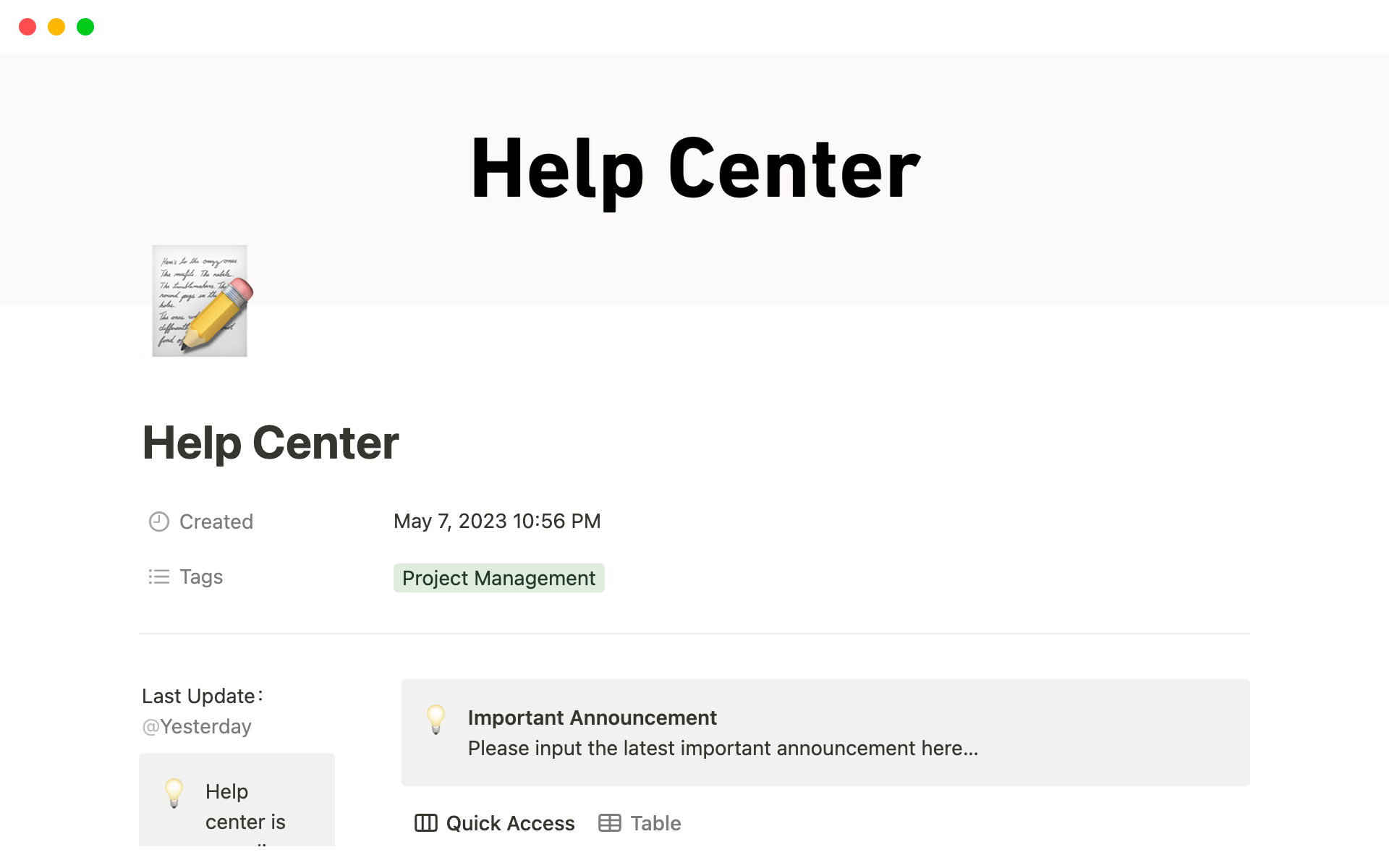 A template preview for Help Center