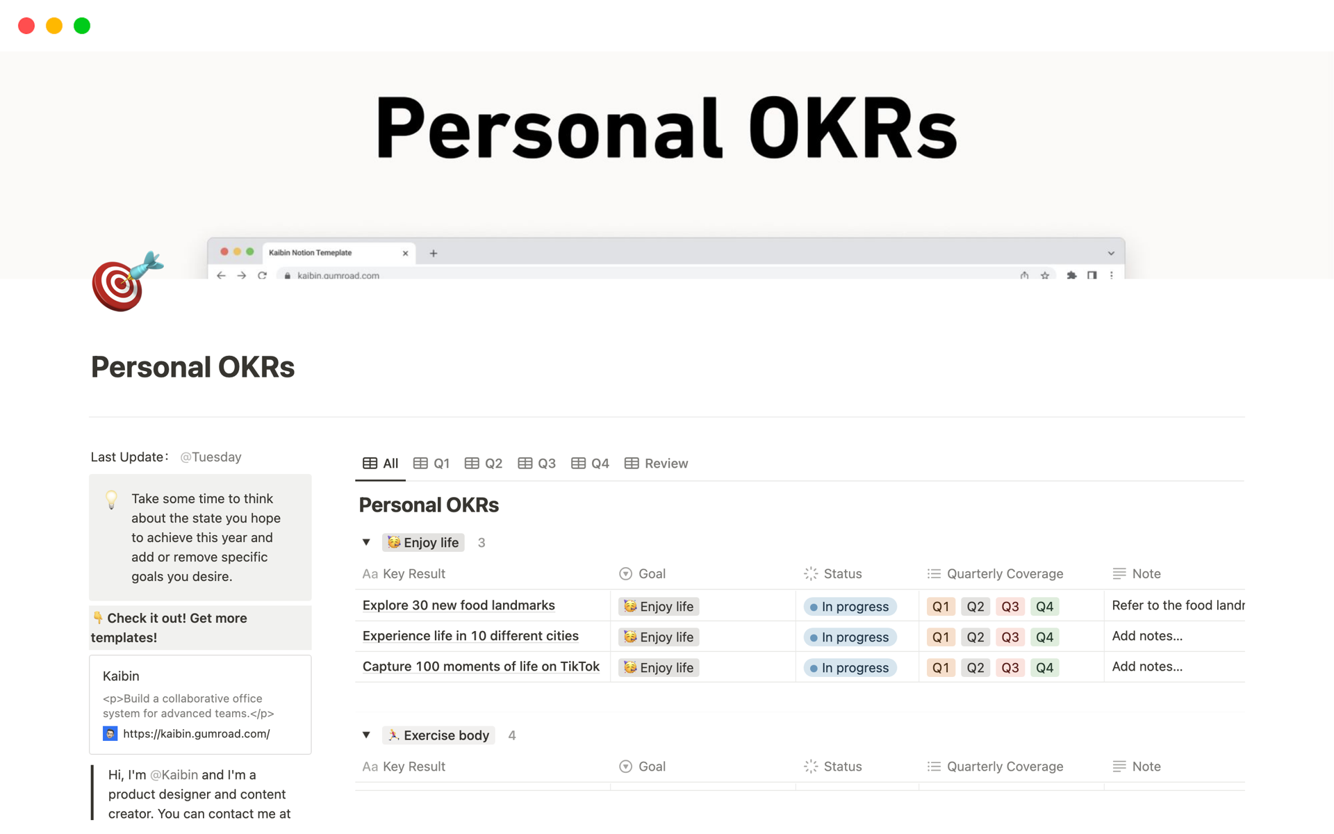 A template preview for Personal OKRs