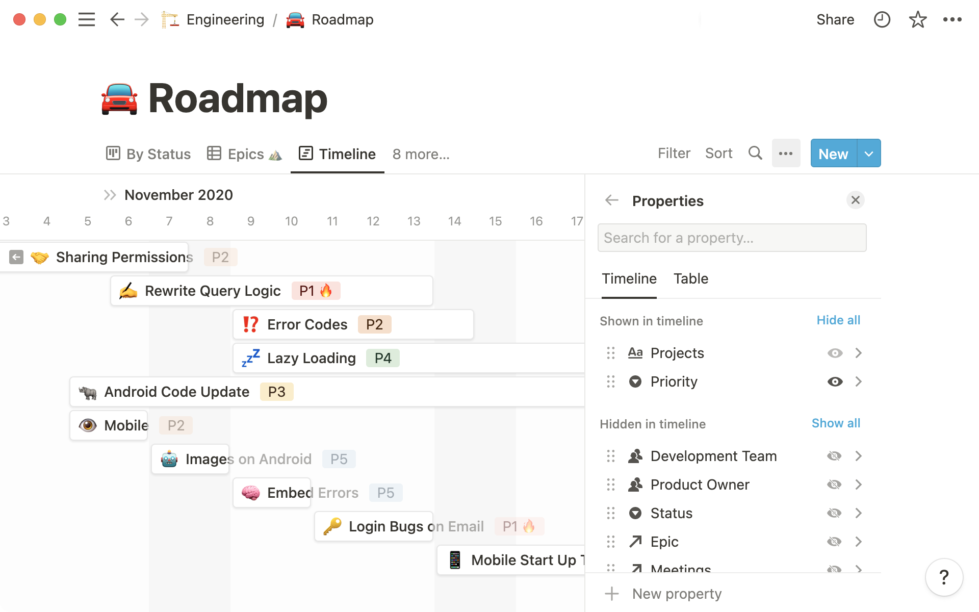 Você pode customizar as propriedades exibidas em sua visualização de cronograma. 