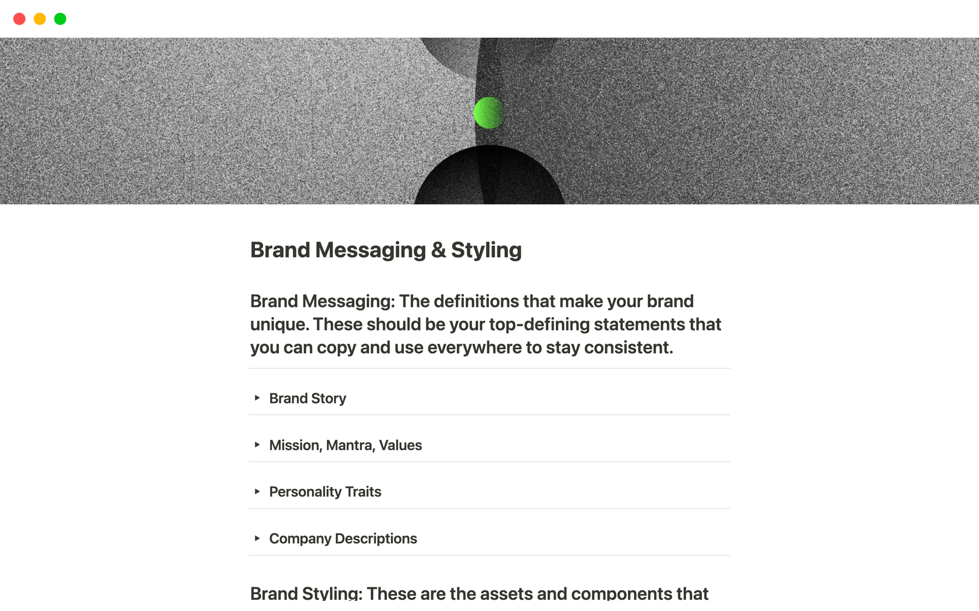 A template preview for Notion StartOps: Brand Messaging & Styling 
