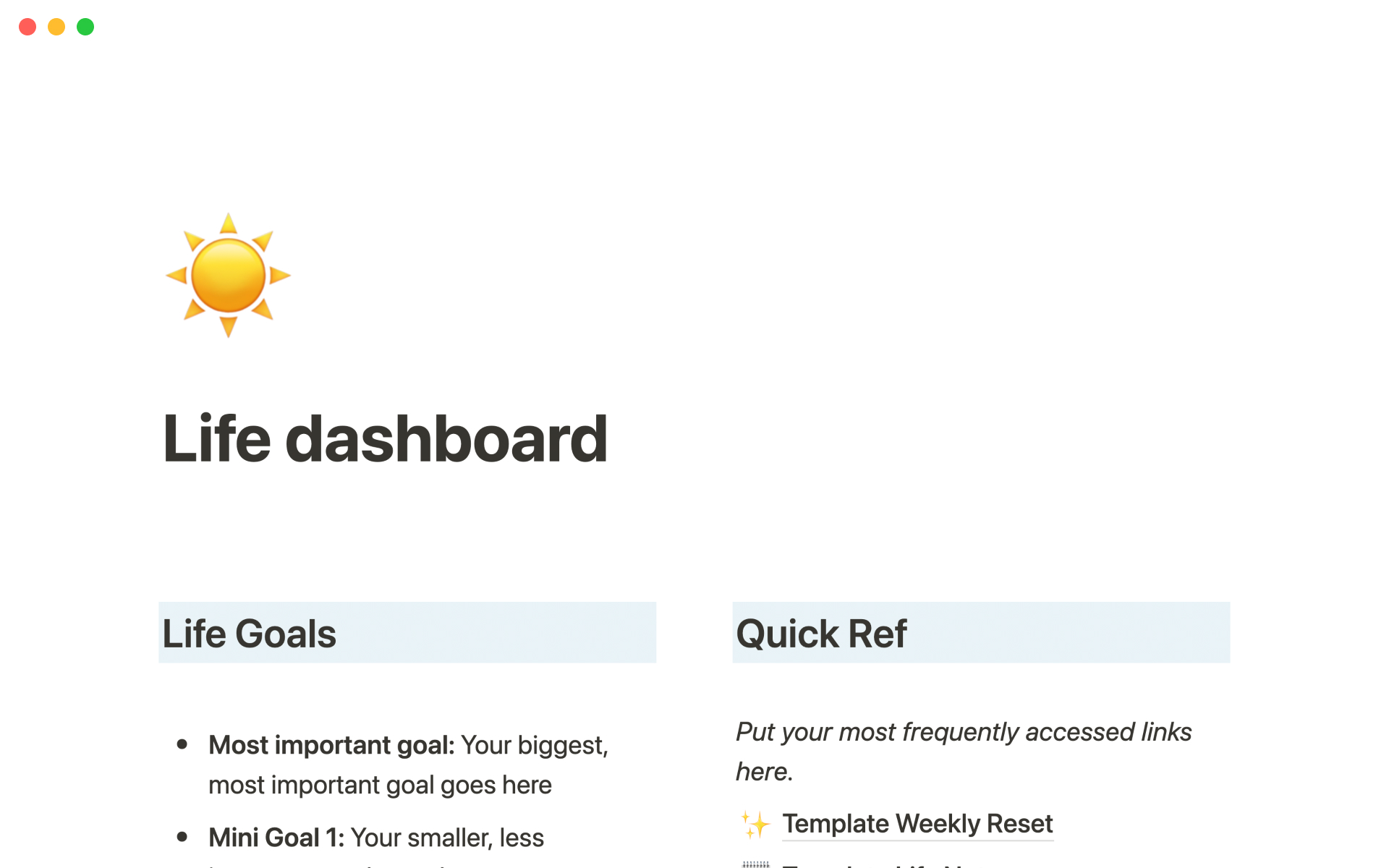 A template preview for Life dashboard