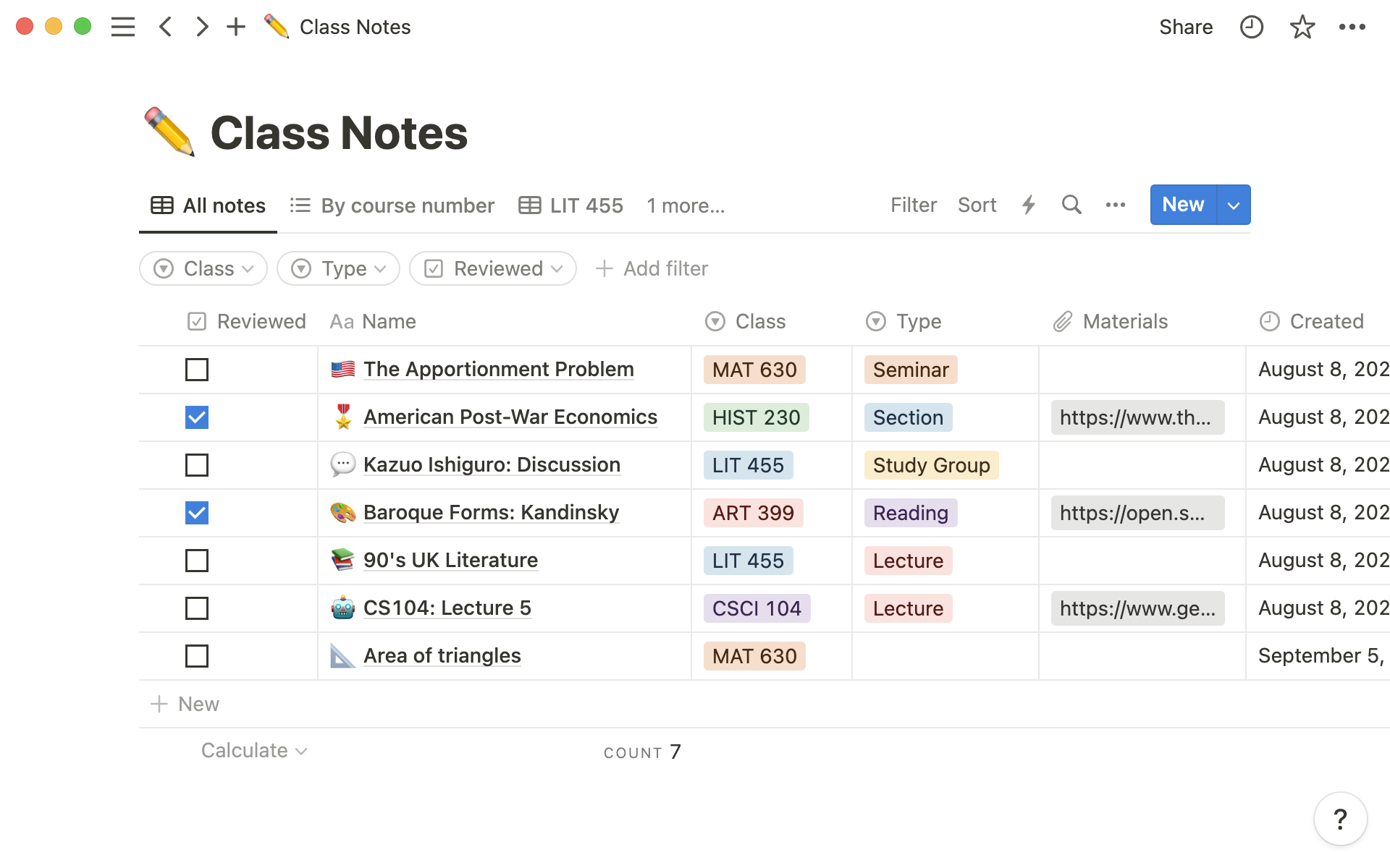 Organize and label all your class notes in a single database.