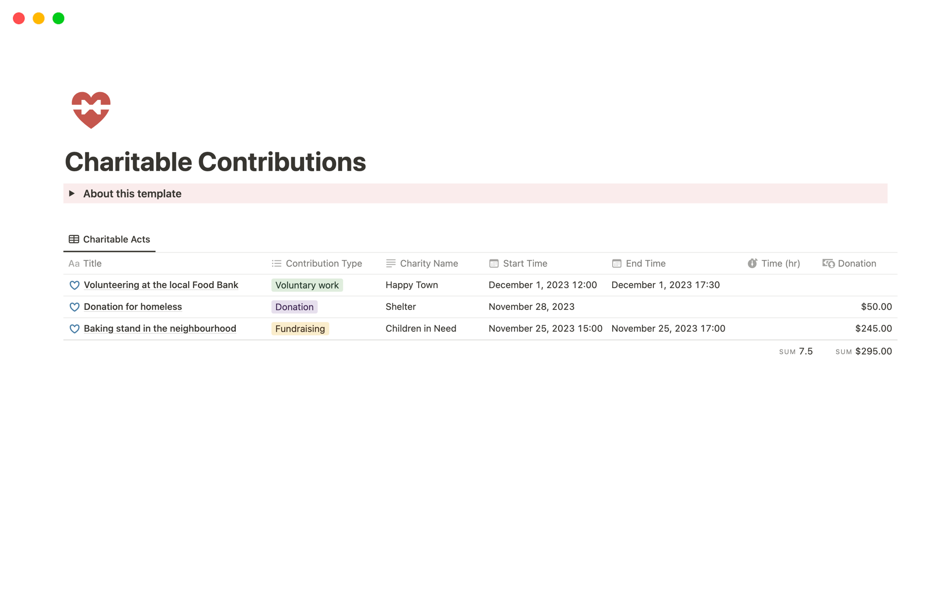 A template preview for Charitable Contributions