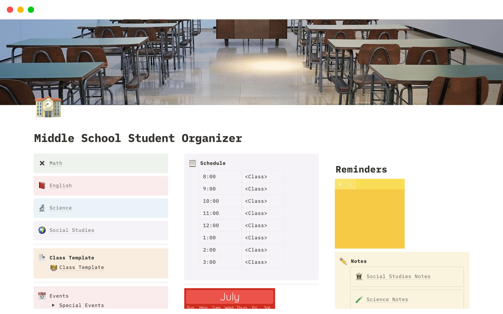 A template preview for Middle School Student Organizer