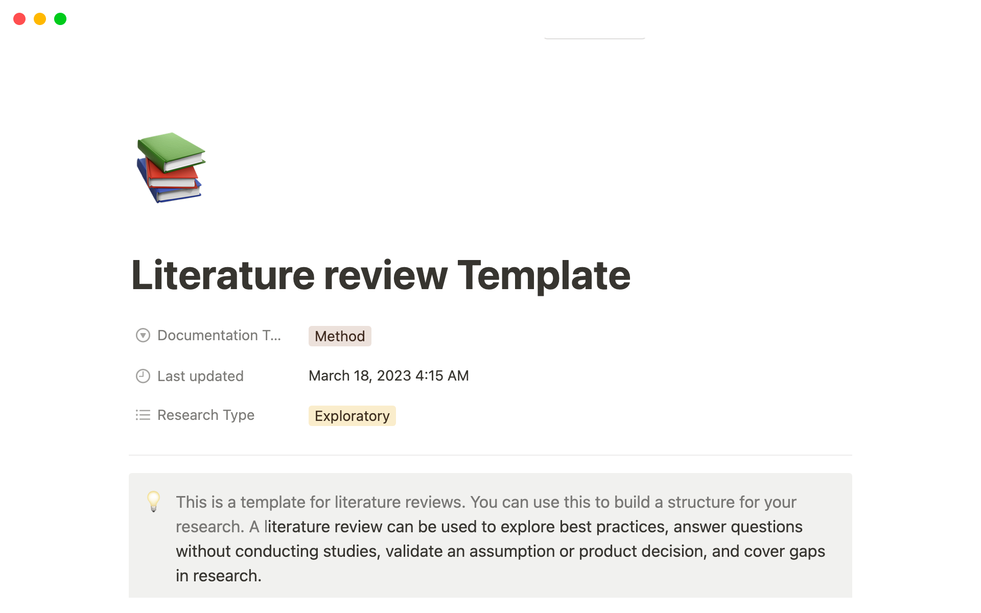 This template helps UX Researchers set up and plan for literature research as a method for their research project