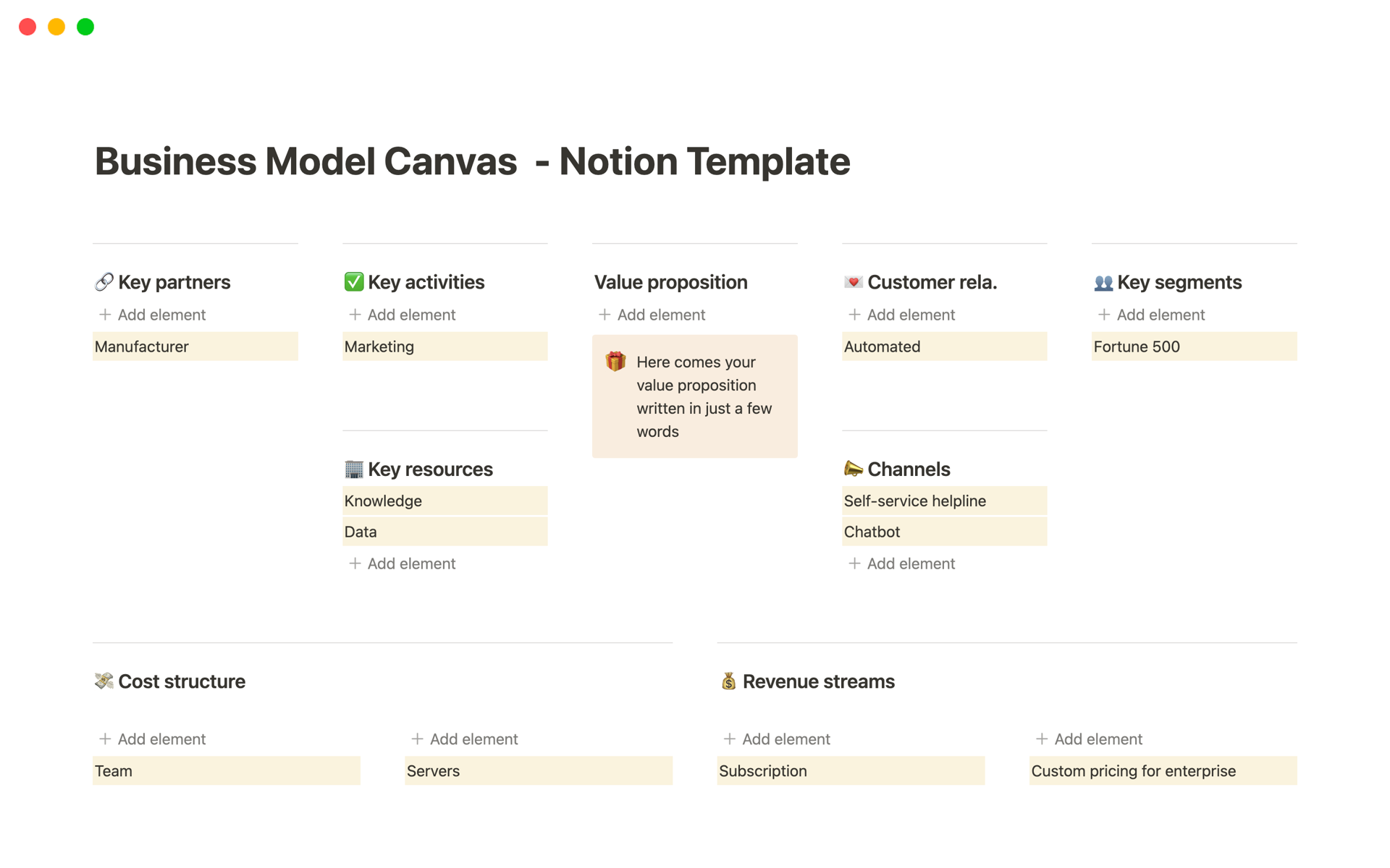Create, share and export your Business Model Canvas directly within the Notion app.