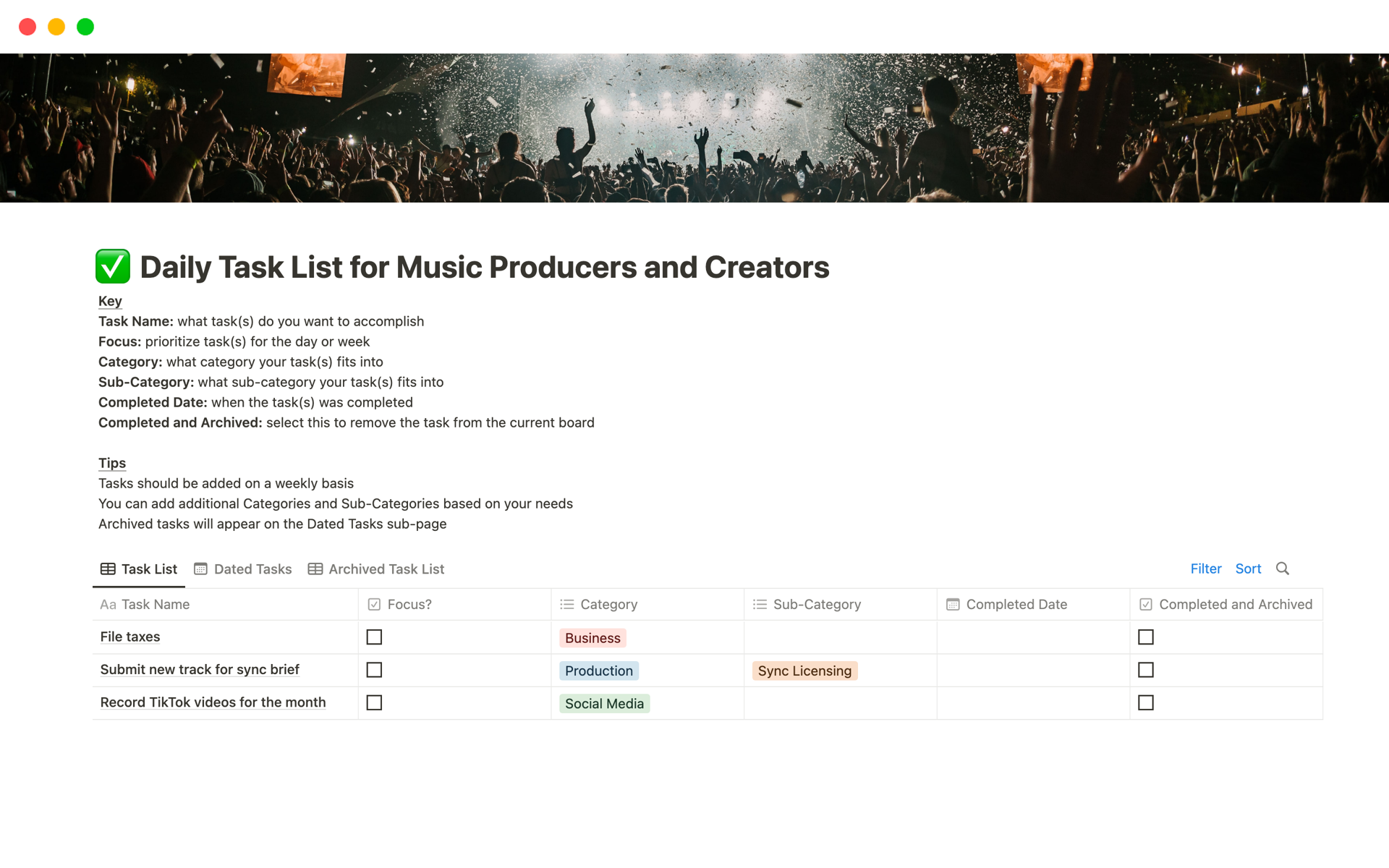 A template preview for Daily Task List for Music Producers and Creatives