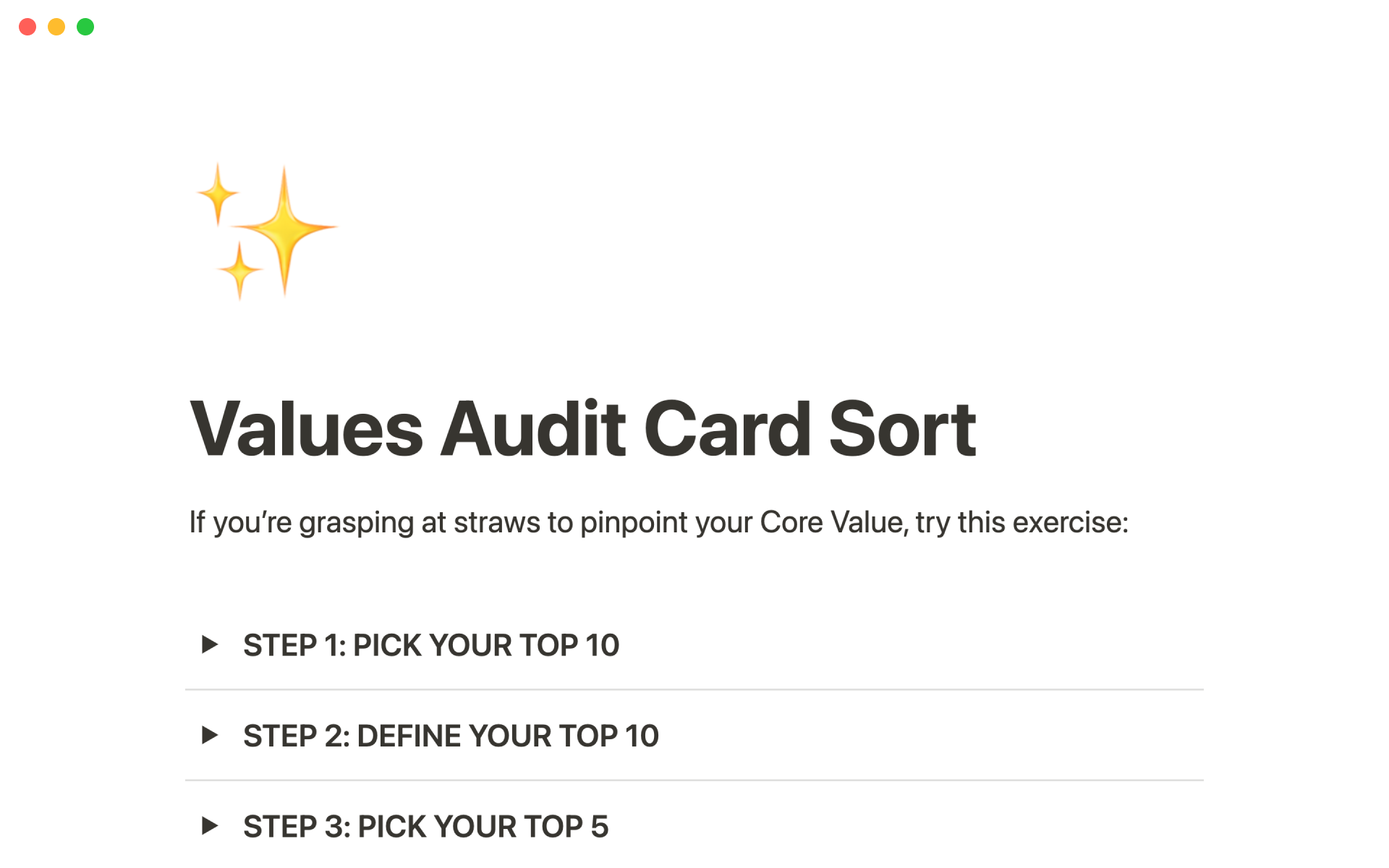 A template preview for Values audit card sort