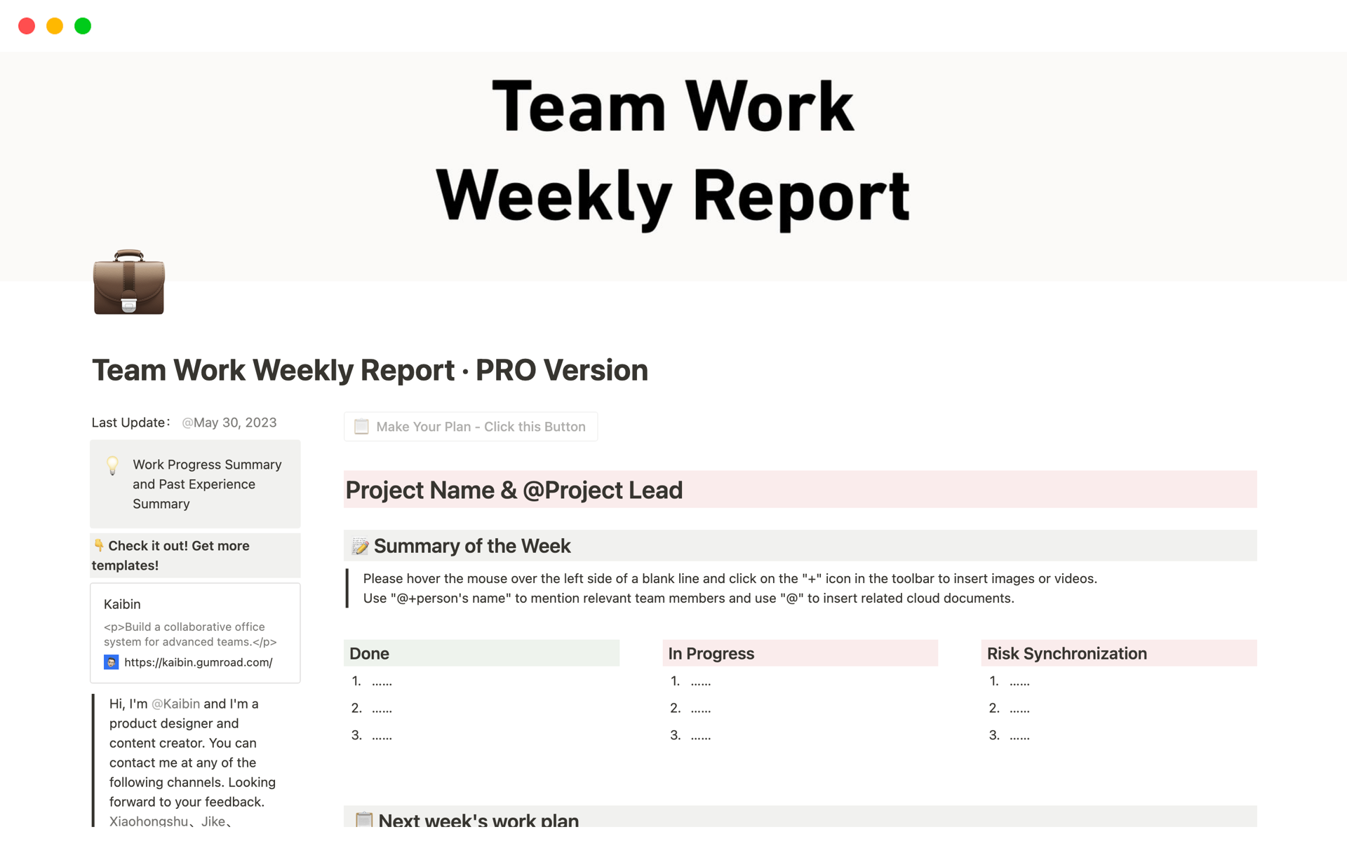 A template preview for Team Work Weekly Report · PRO Version