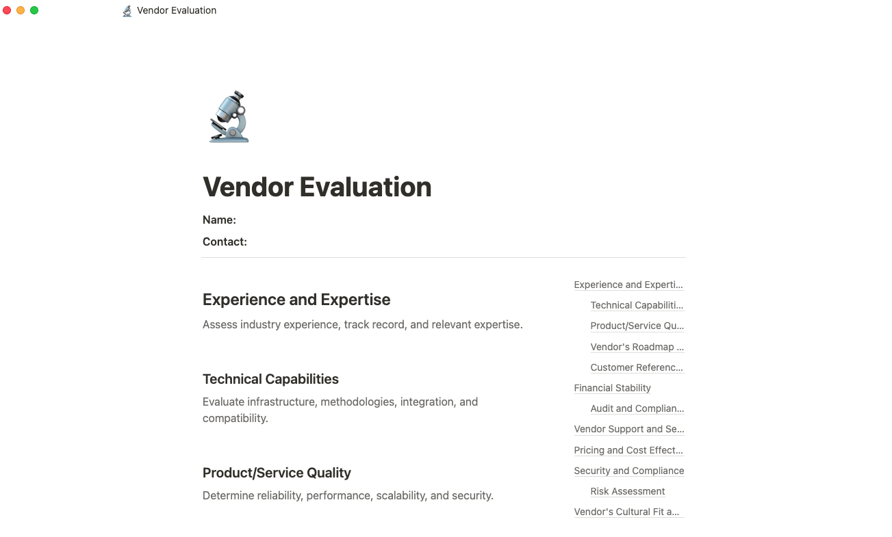 vendor evaluation template
