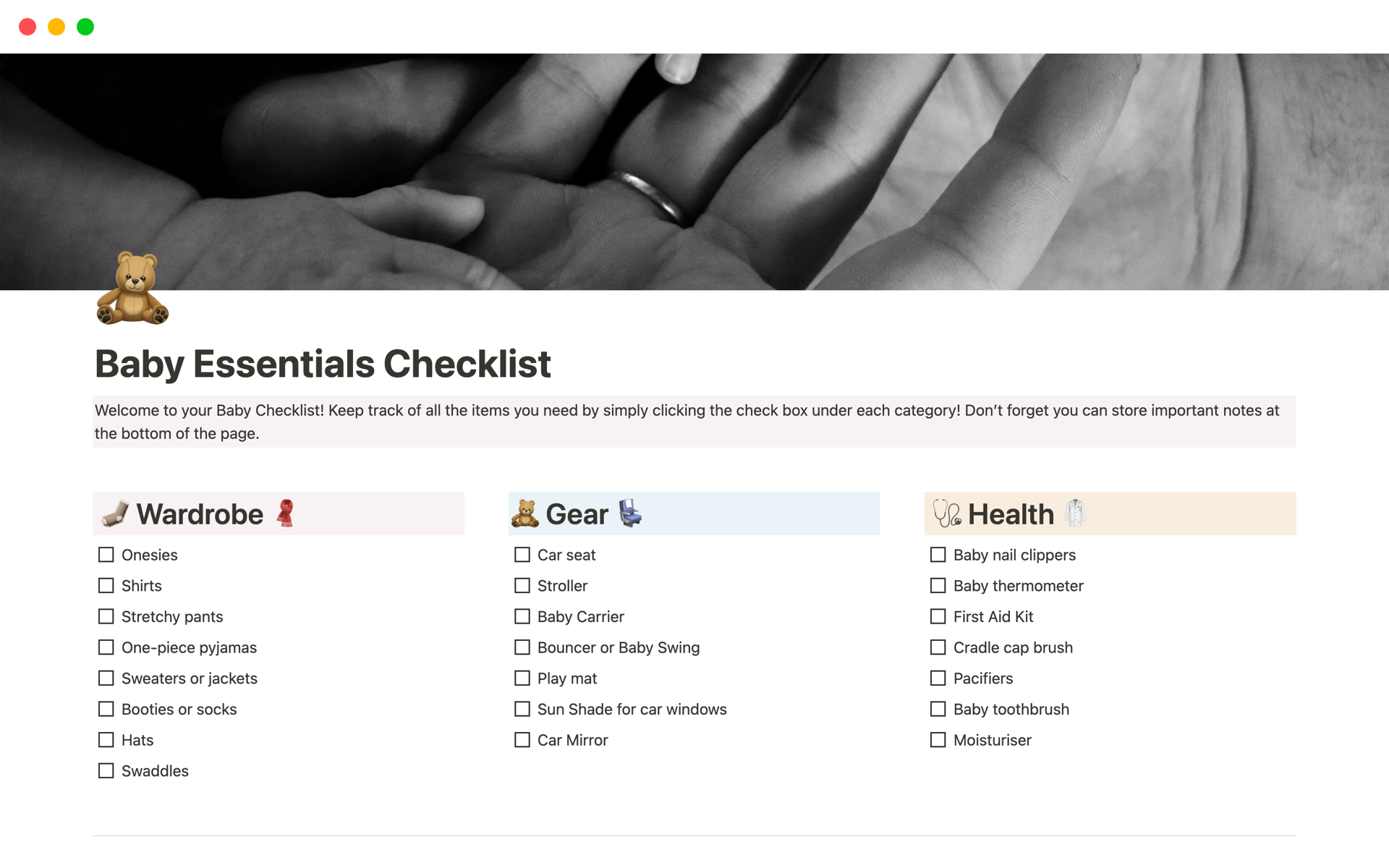 Baby essentials checklist notion template