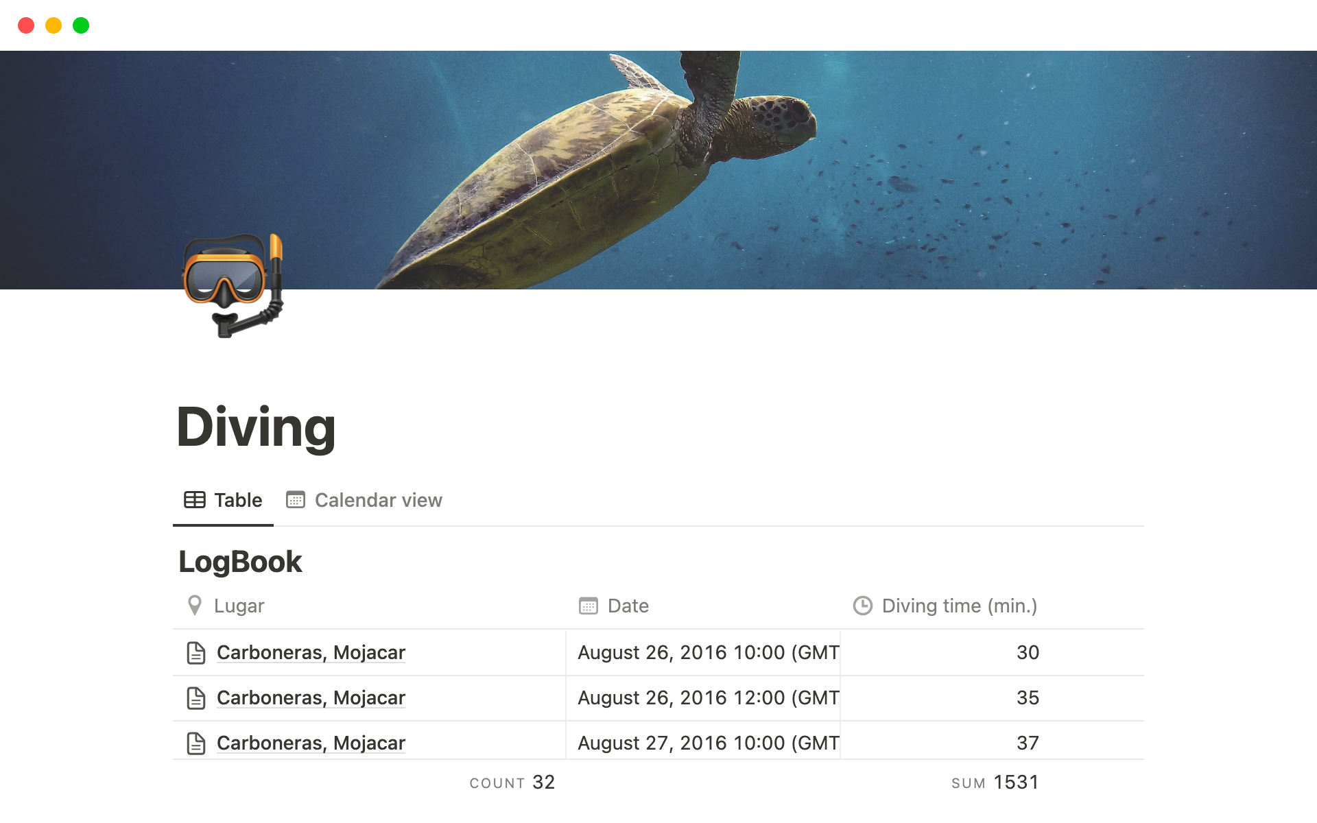 A database where you can save your dives' data.