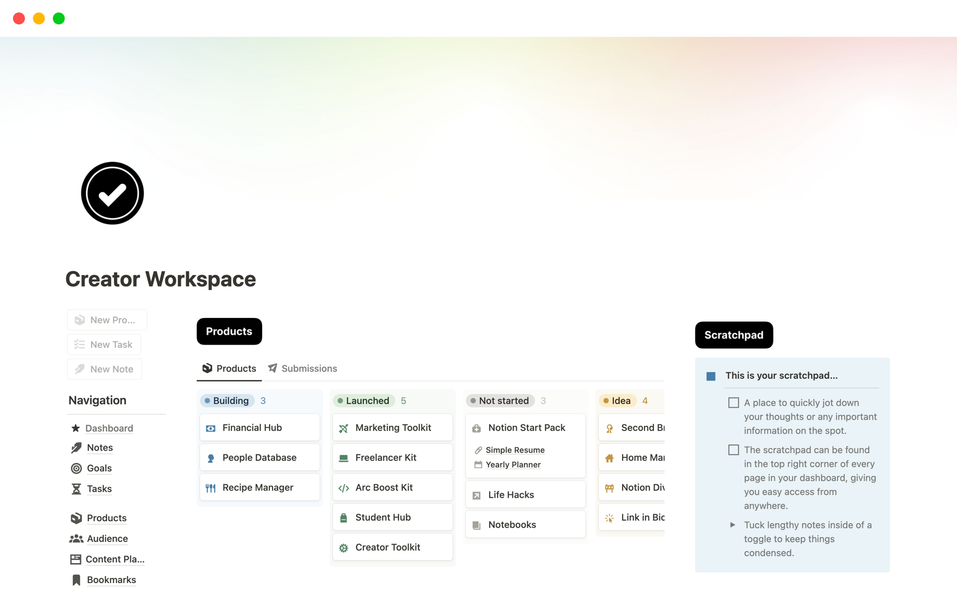 A template preview for Notion Creator Workspace