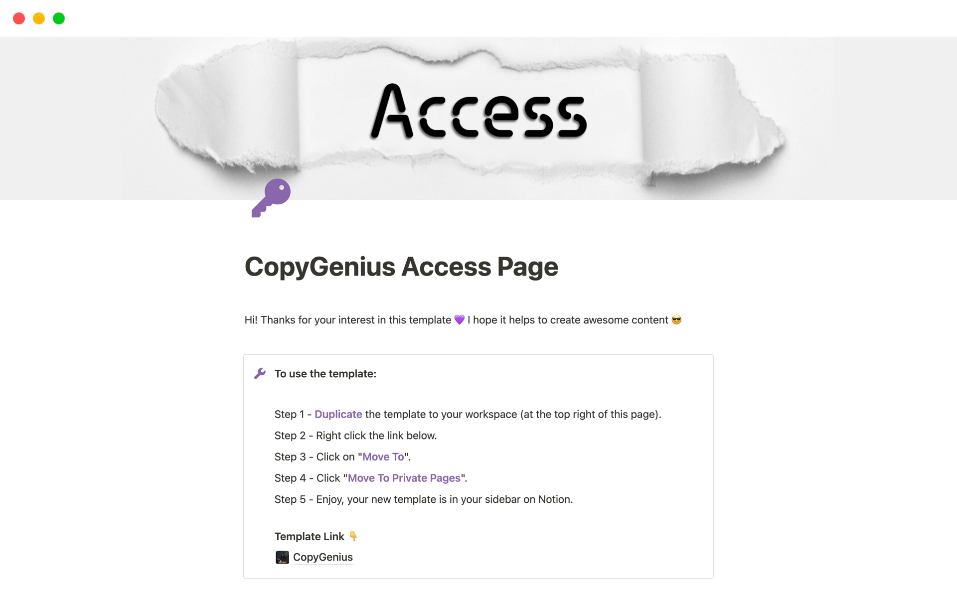 A template preview for CopyGenius
