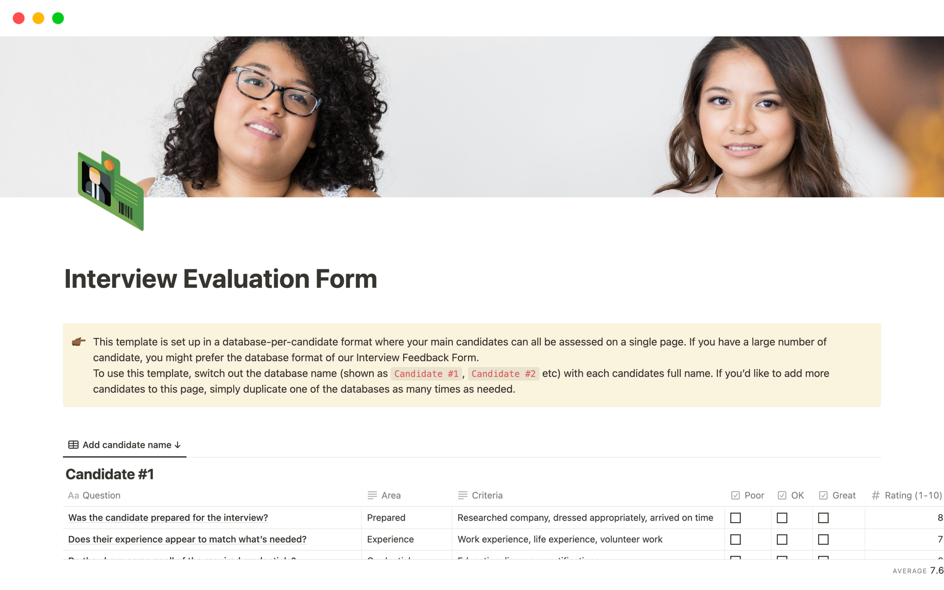 A template preview for Interview Evaluation Form