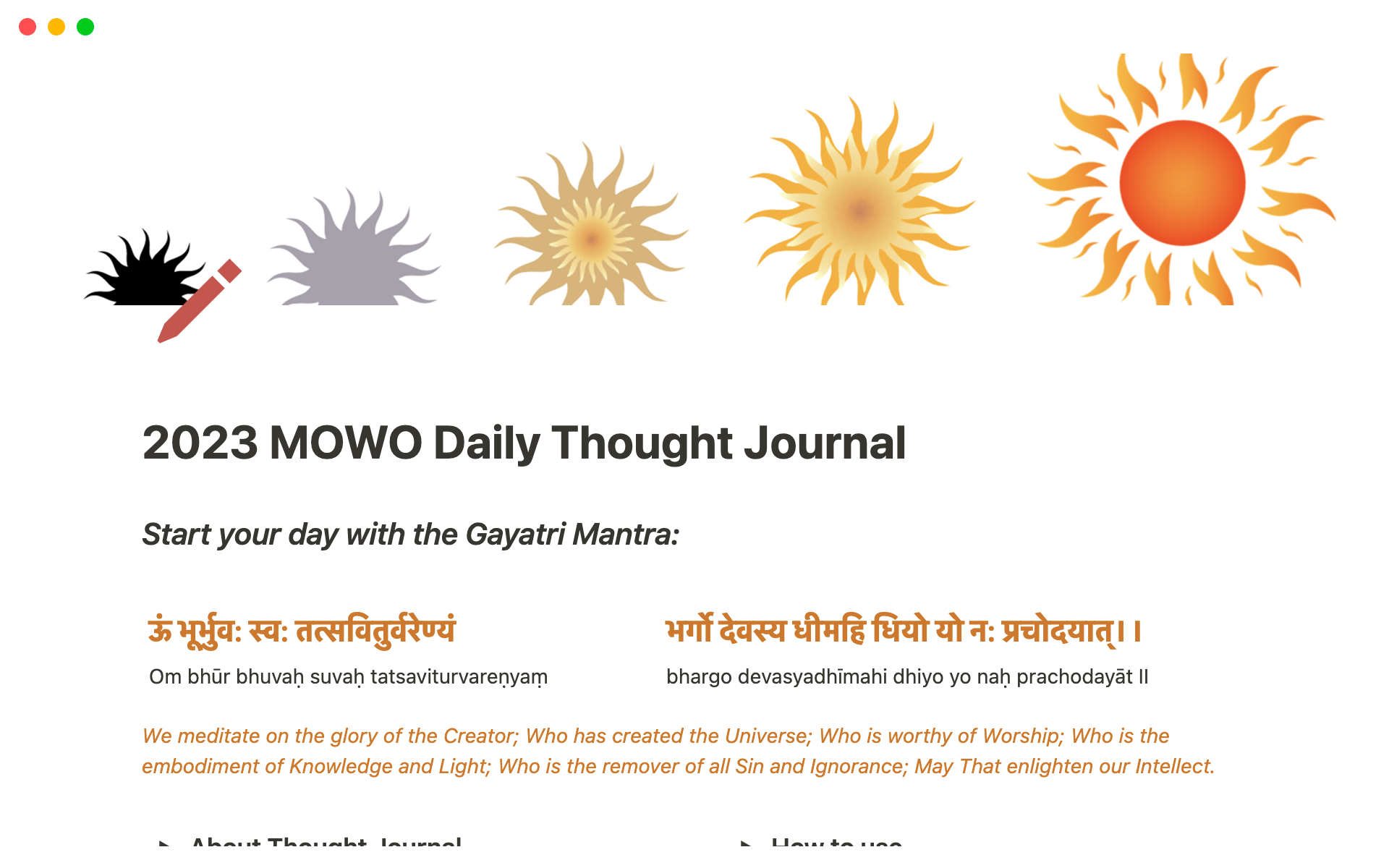 Eine Vorlagenvorschau für 2023 MOWO Daily Thought Journal