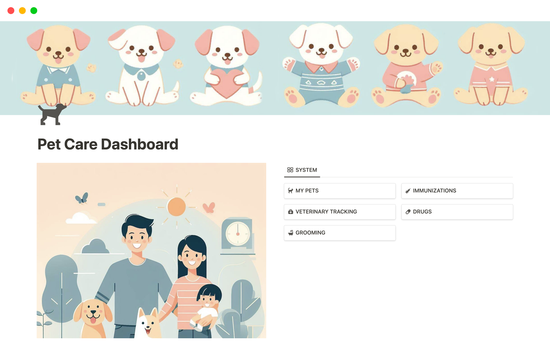 A template preview for Pet Care Dashboard