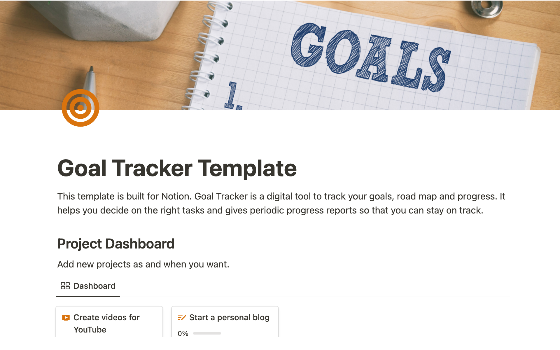 A template preview for Goal Tracker Template