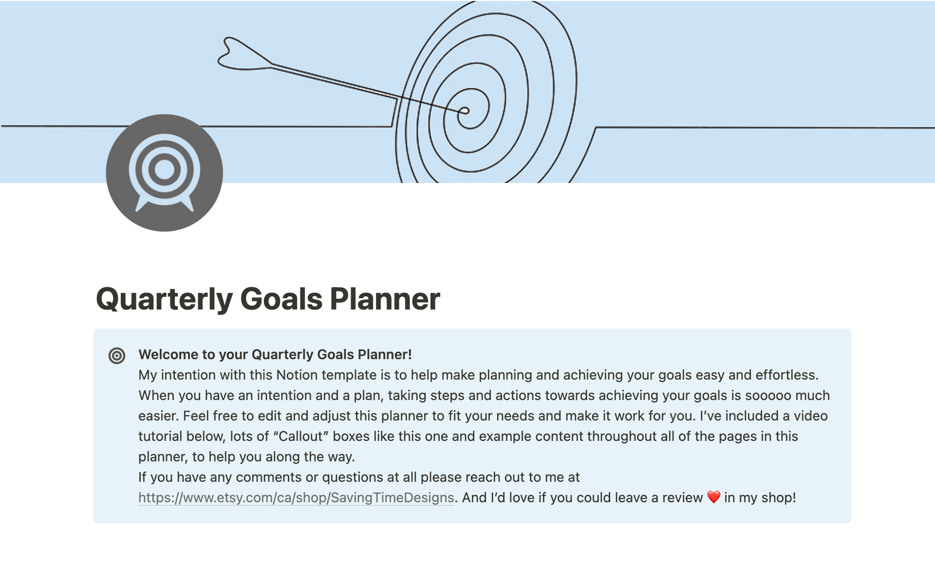 Eine Vorlagenvorschau für Quarterly Goals Planner