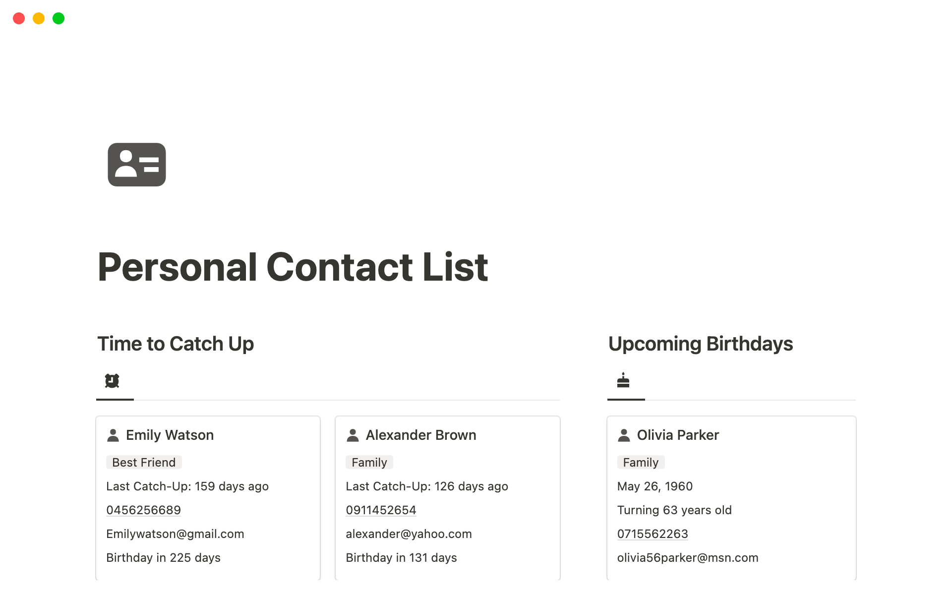 Aperçu du modèle de Personal Contact List