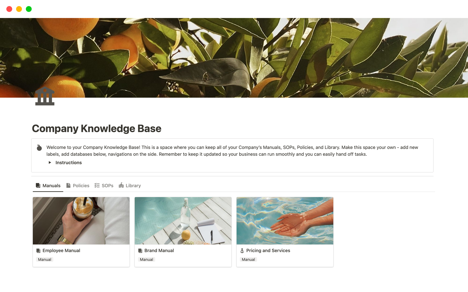 A template preview for Company Knowledge Base