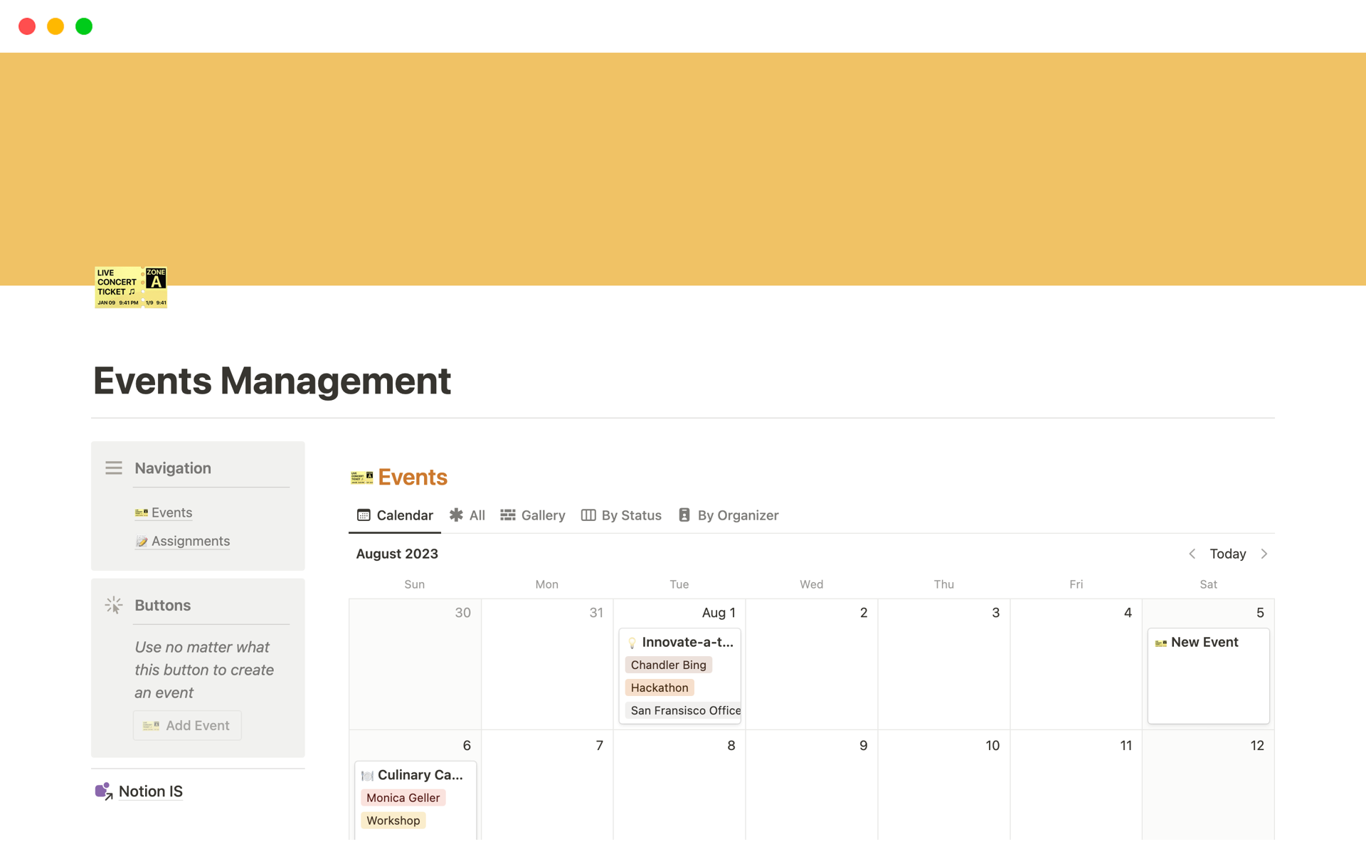 A template preview for Events Management