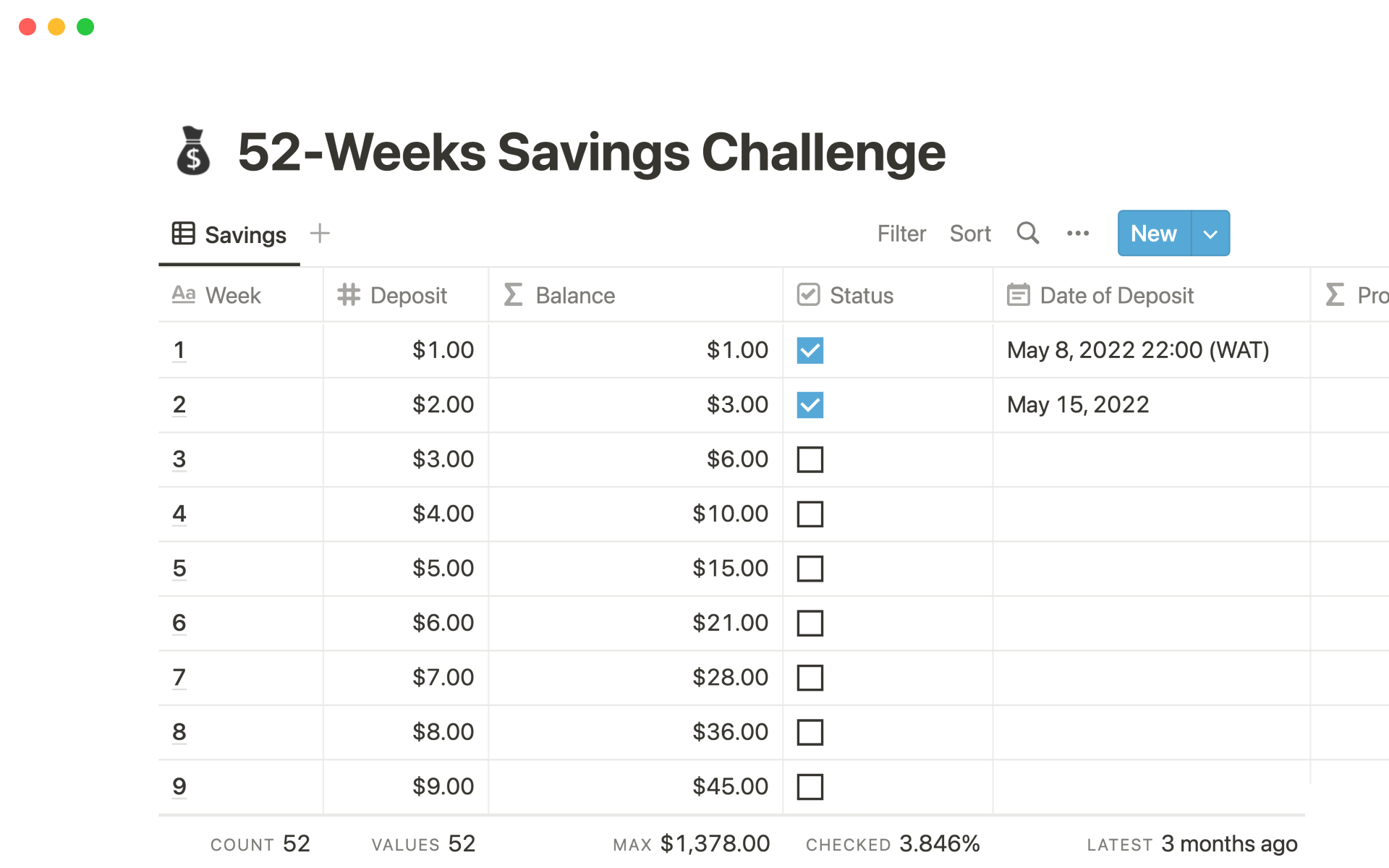 52-week savings challenge trackerのテンプレートのプレビュー