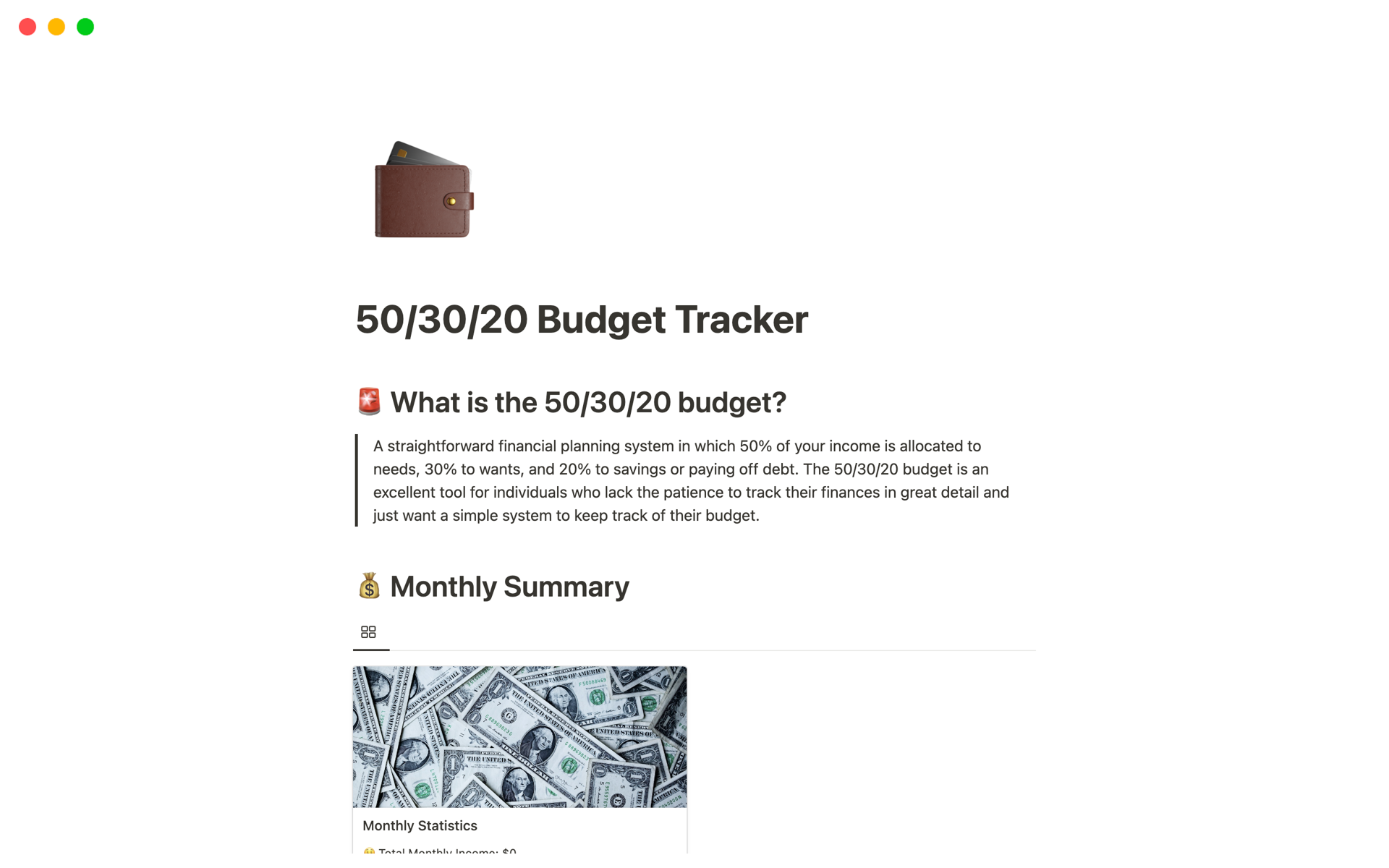 Eine Vorlagenvorschau für 50/30/20 budget tracker