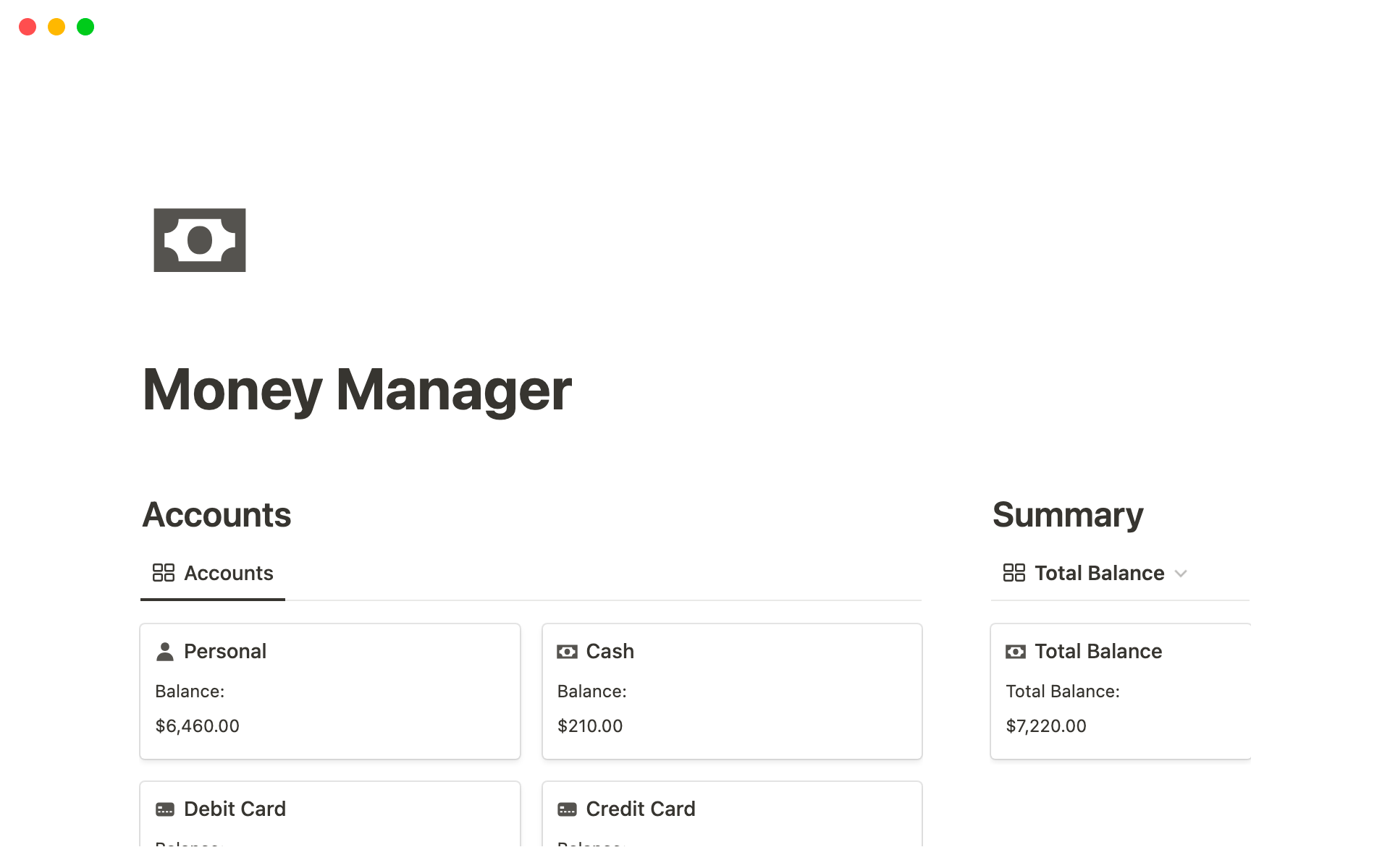 A template preview for Money Manager